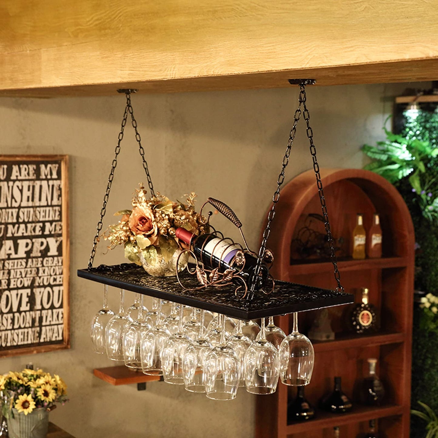 MISTRARA Ceiling Wine Glass Rack, Hanging Wine Rack with Glass Holder and Shelf, Height Adjustable Hanging Wine Bottle Holder, Metal Ceiling Shelf for Bar Cafe Kitchen (Color : Black, Siz