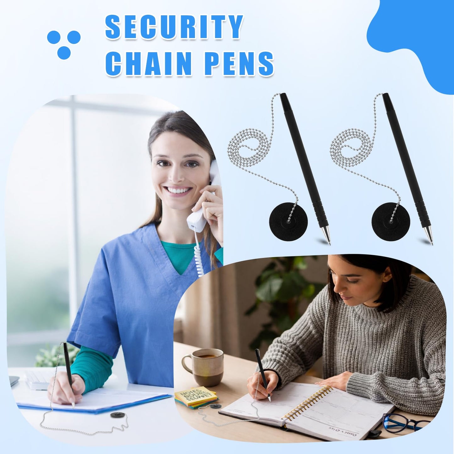 Tmzczz 14 Pack Security Chain Pens 2 Secure Pen with Adhesive Base and 12 Replacement Refills for Office Bank Hotel Lobbies School Reception Counter (2)