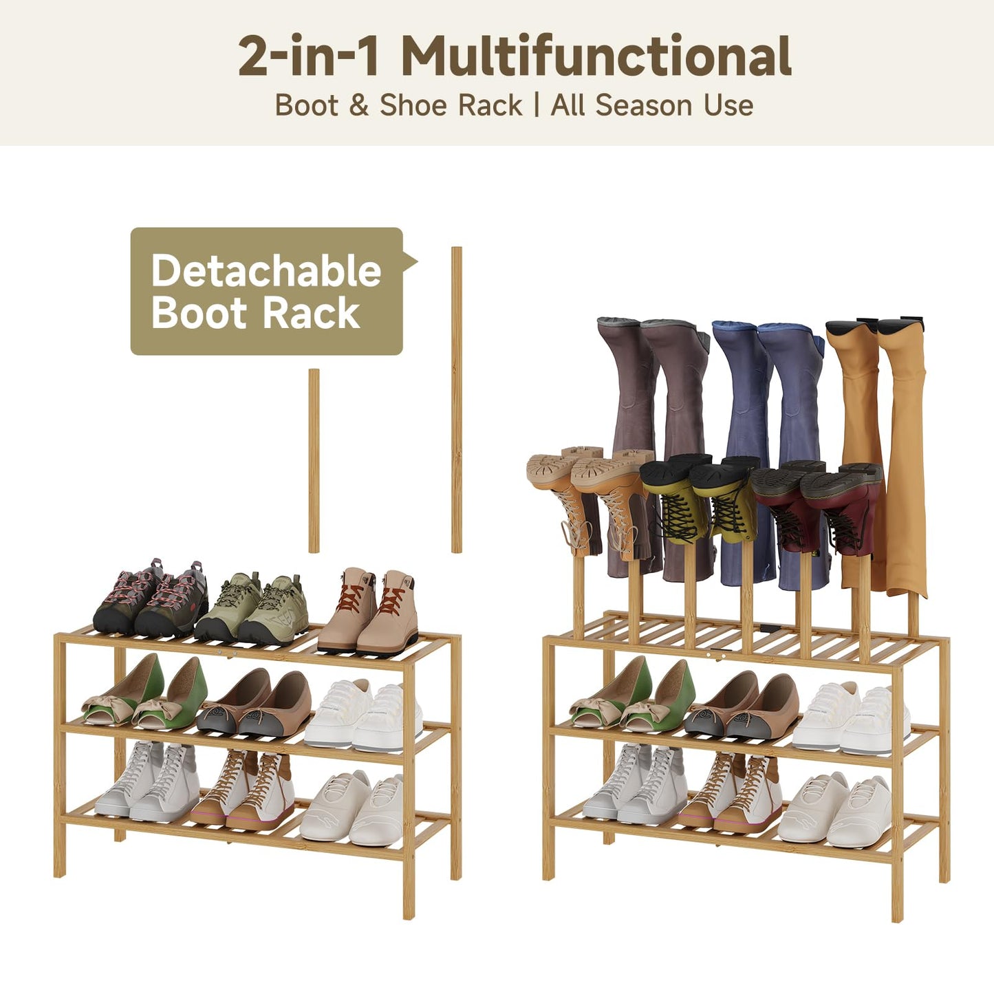 Vellzeyce Boot Rack for Tall Boots Organizer,3-Tier Multiuse Shoe Rack and Boot Storage Rack,for Tall Boots,Sneakers,High-Heel (Natrual, 3-Tier)