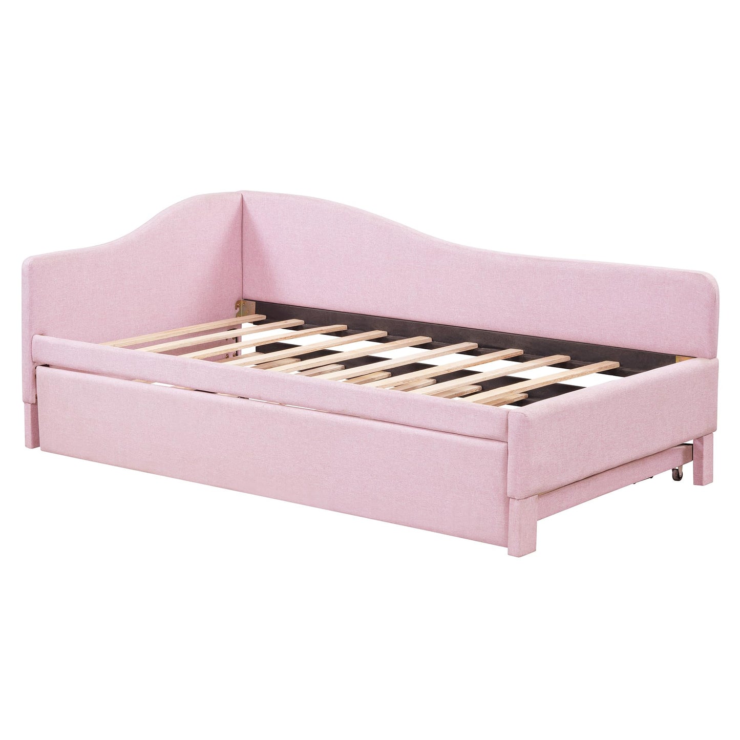 KOYVRY Day Bed with Pop Up Trundle Bed Twin - Upholstered Daybed with L-Shaped Guardrail, Wooden Slats and Wheels, Daybed Couch for Guest Room, No Box Spring Required (Pink)