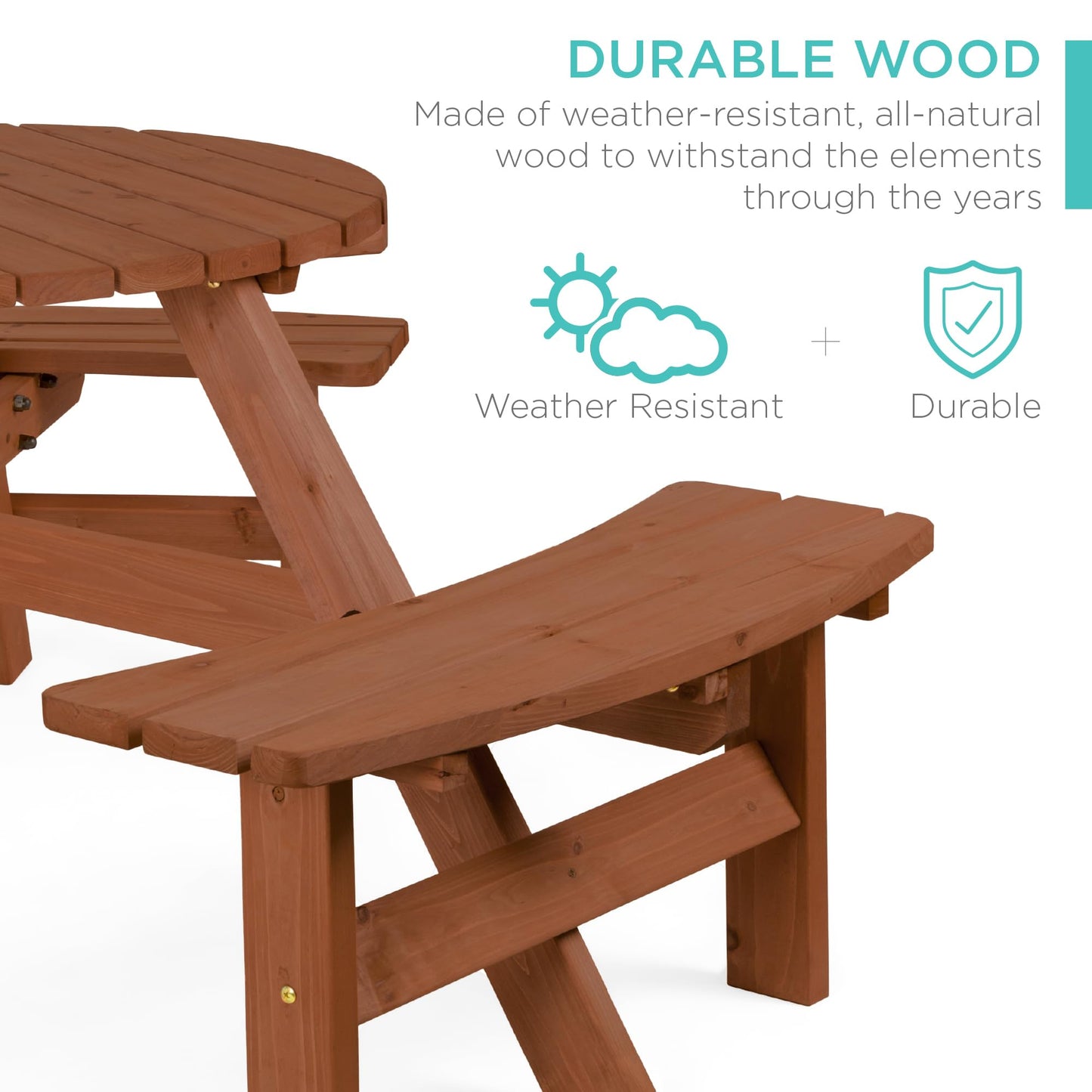 Best Choice Products 6-Person Circular Outdoor Wooden Picnic Table for Patio, Backyard, Garden, DIY w/ 3 Built-in Benches, 500lb Capacity - Acorn