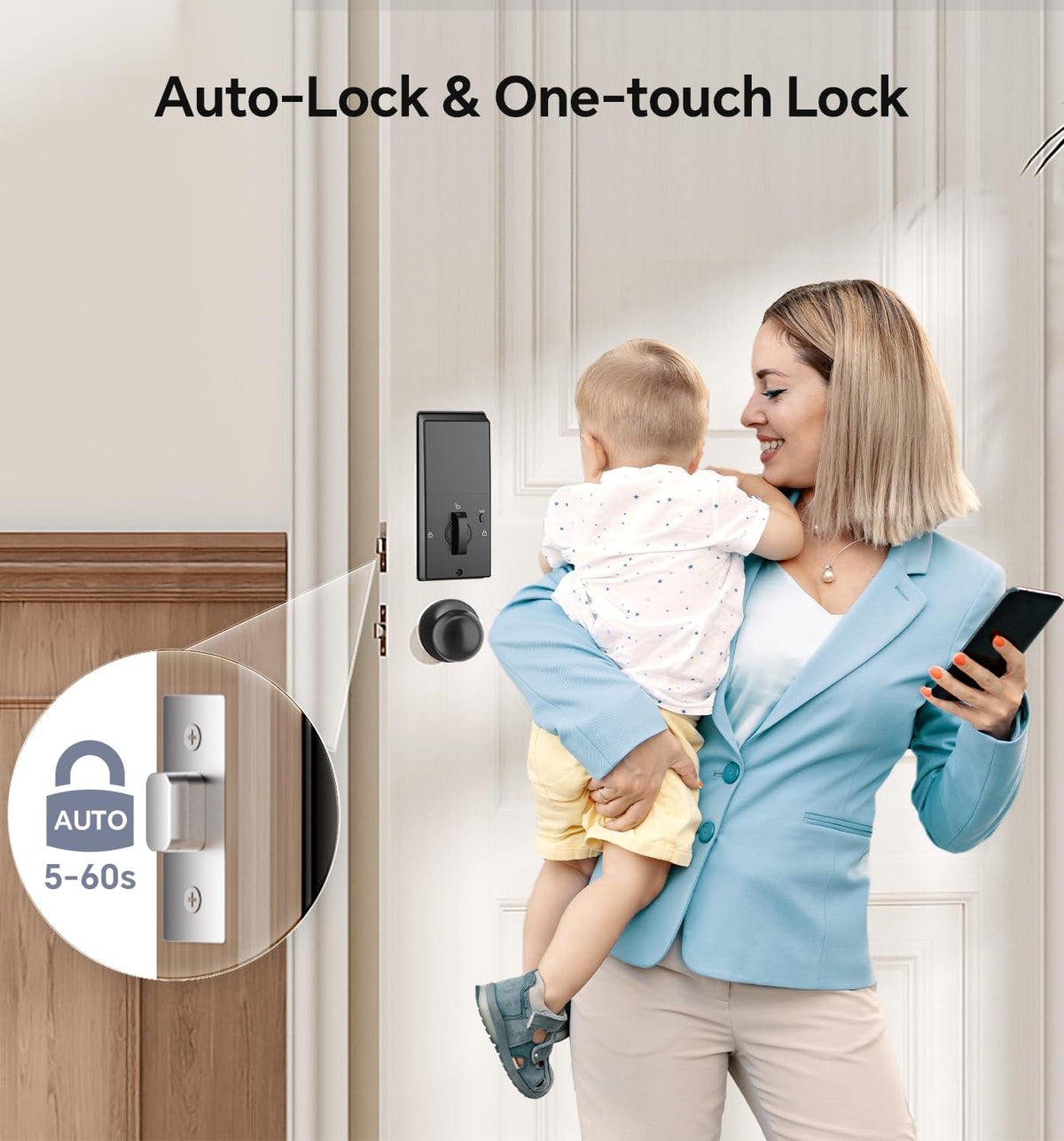 Ulecoce Fingerprint Keypad Deadbolt with Handle Set, Keyless Entry Door Lock, Door Locks for Front Door Lock Set, App Control, Auto Locking, Easy to Install, Matte Black