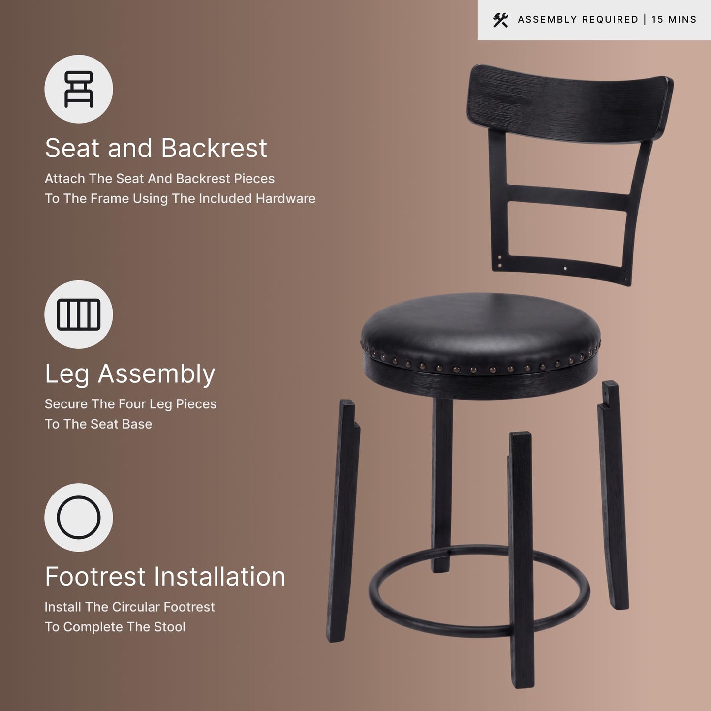 Signature Design by Ashley Valebeck Faux Leather Upholstered Swivel Barstool, Nailhead Trim, Solid Wood, 16.75" W x 19.75" D x 37.25" H, Antique Black