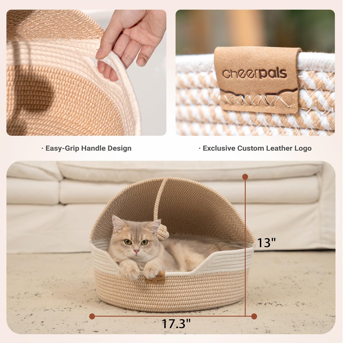 CHEERPALS Cat Basket Bed with Washable Cushion and Ball Rope Cotton, Covered Pet Bed for Indoor Cats Cave Bed Hooded, Stimulicat Cat Bed Handwoven Breathable, All Season Universal(White)