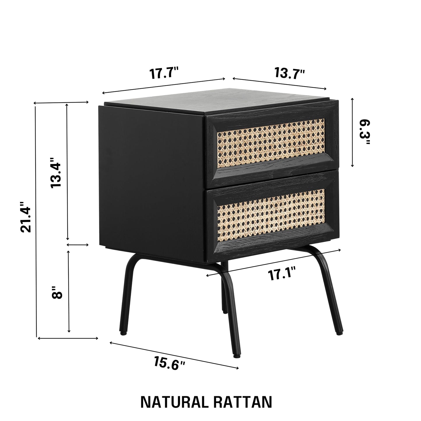 NTC Solid Oak Drawer Face Lulu Nightstand with Natural Rattan Drawer, Mid-Century Side Table for Bedroom, Bedside Furniture, End Table – Waterproof, Heat Resistant, Easy to Assemble – Burnt Black