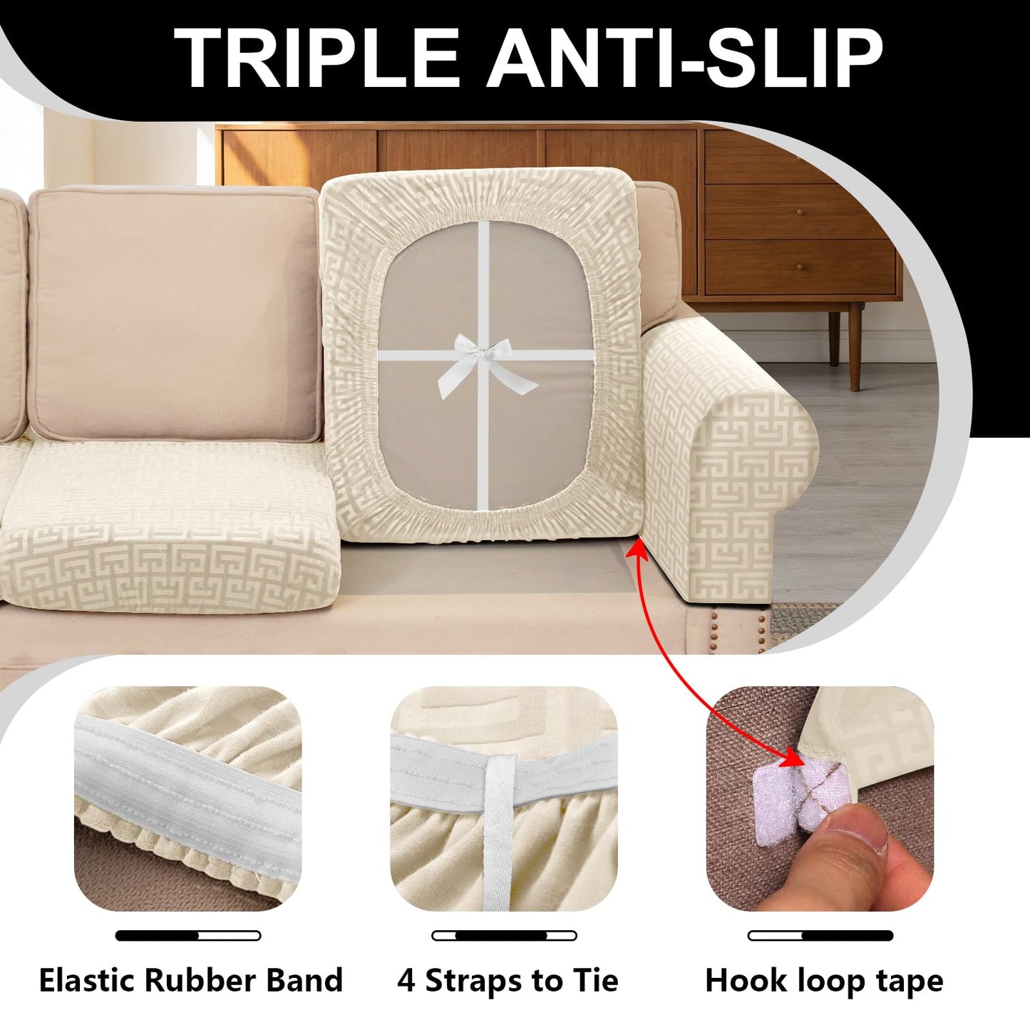 UNBBRRL 10 Pieces Stretch Sofa Cushion Covers for U-Shaped Modular Sectional Couch with 4 Seats+4 Backs+2 Arms, Upholstered Covers for Sofa Bed with Deep Double Chaise (Beige,10 Pieces Set)