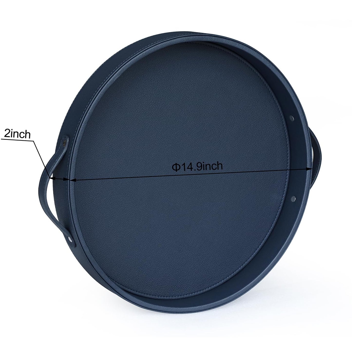 HofferRuffer Top Nocth PU Leather Round Serving Tray, Decorative Serving Tray with Handles, Coffee Tray, Ottoman Tray for Home Or Office, Diameter 14.6-inch (Dark Blue)