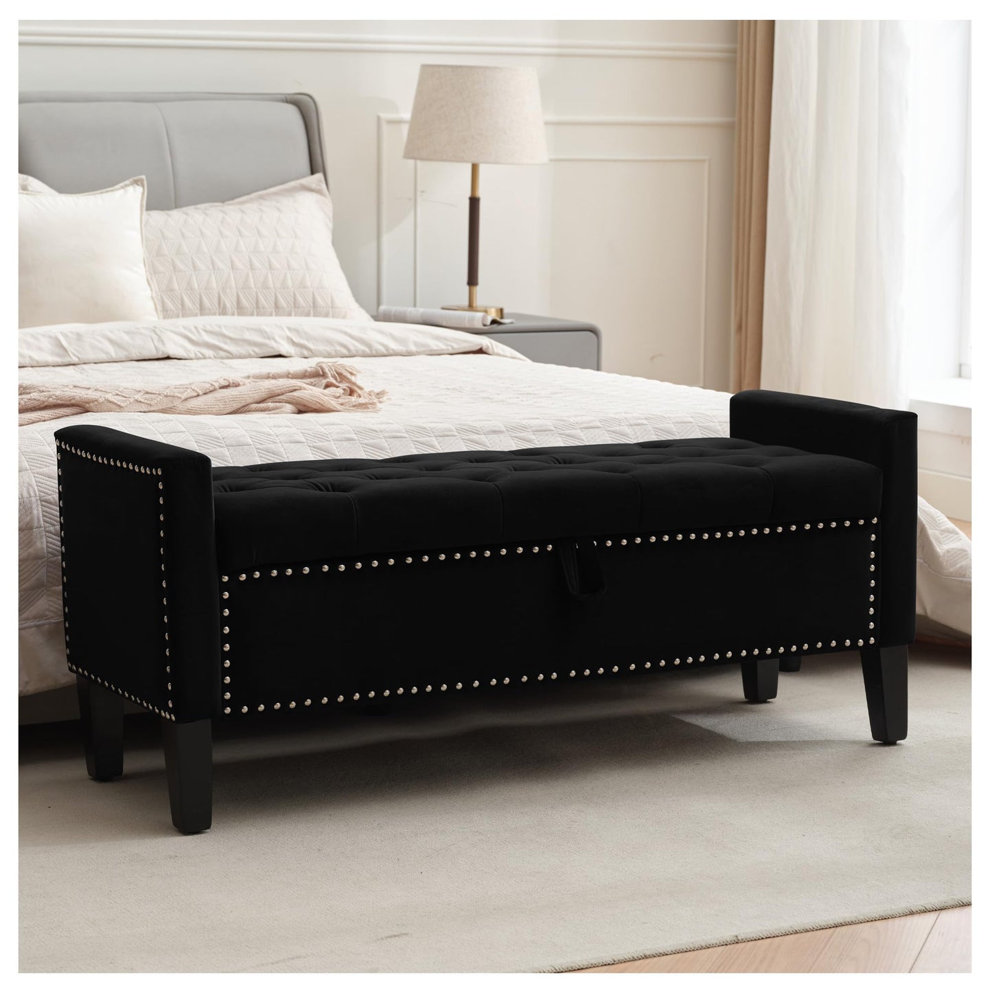 UDAX Storage Ottoman Bench, Velvet Upholstered Footstool for Bedroom and Living Room, Tufted Seat with Storage, Wooden Legs & Metal Rivets, Black