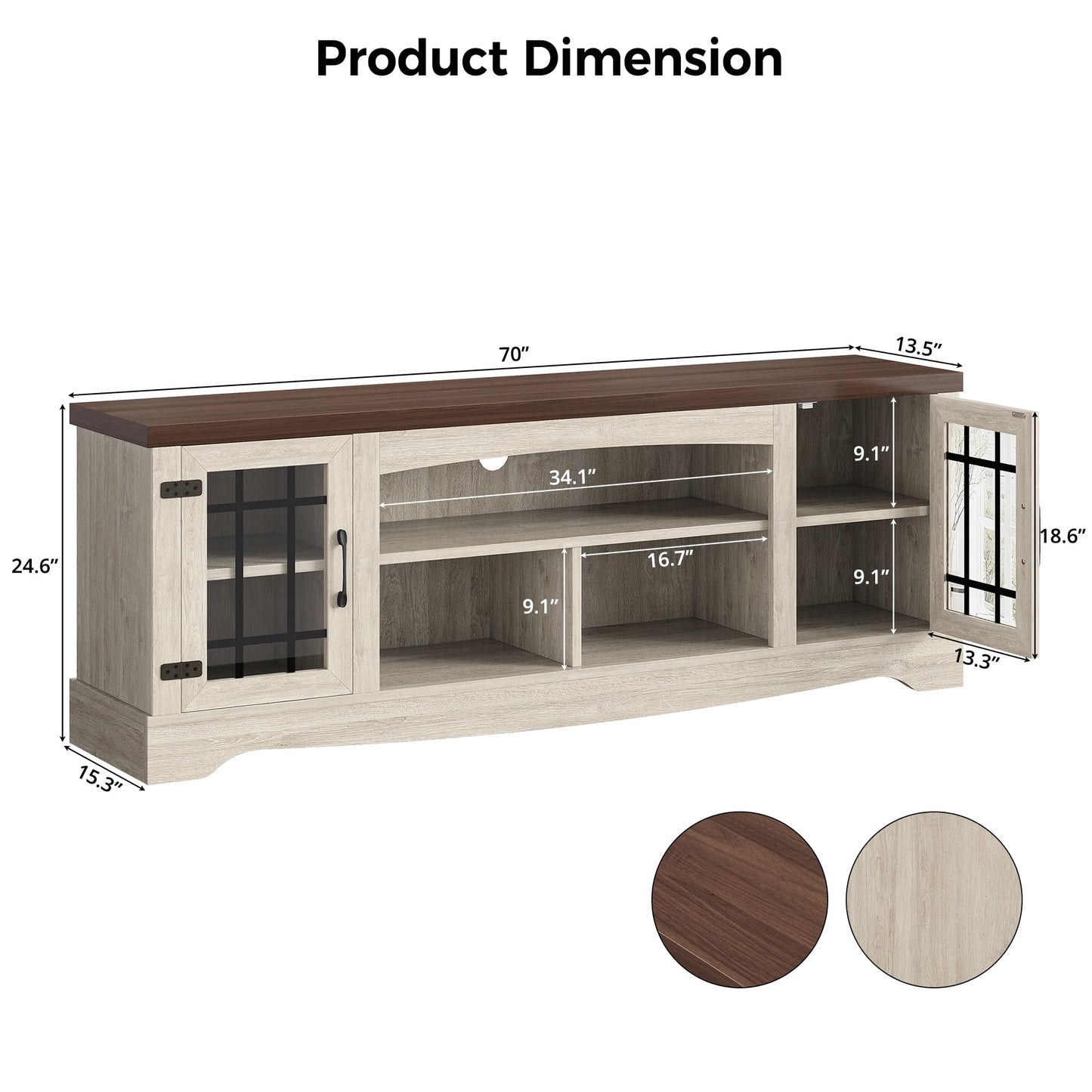 IRONCK Farmhouse TV Stand for 75 Inch TV, Rustic Entertainment Center with Storage Cabinets & Open Shelves, Grid Glass Doors, Media Console for Living Room, Bedroom(Light Oak & Walnut)