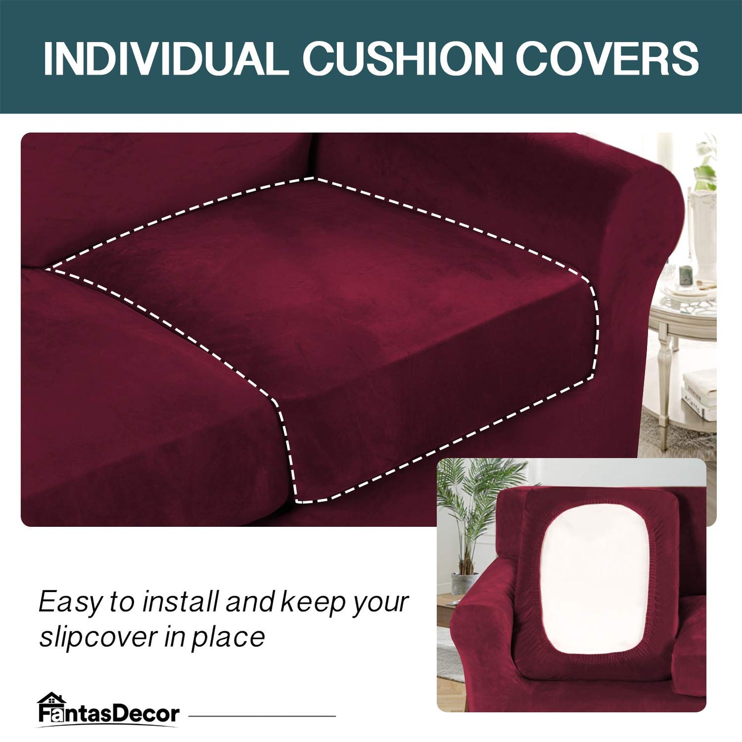 FantasDecor 3 Piece Sofa Covers Velvet for 2 Cushion Couch Stretch Loveseat Slipcover with Individual Seat Elastic Furniture Protector for Pets (Loveseat,Burgundy)