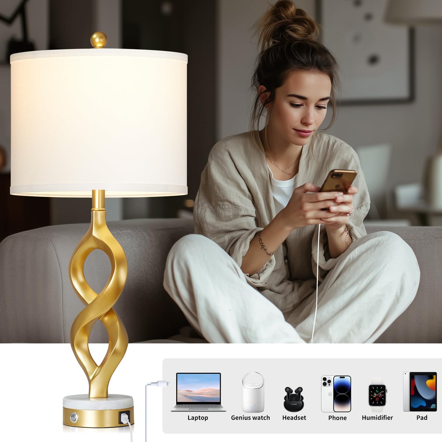 Cinyirong 30" White and Gold Table Lamps Set of 2 for Living Room, Modern Touch Control Bedside Lamps for Bedroom, 3-Way Dimmable Sculptural Resin Nightstand Lamps with USB A+C Ports and 2 LED Bulbs