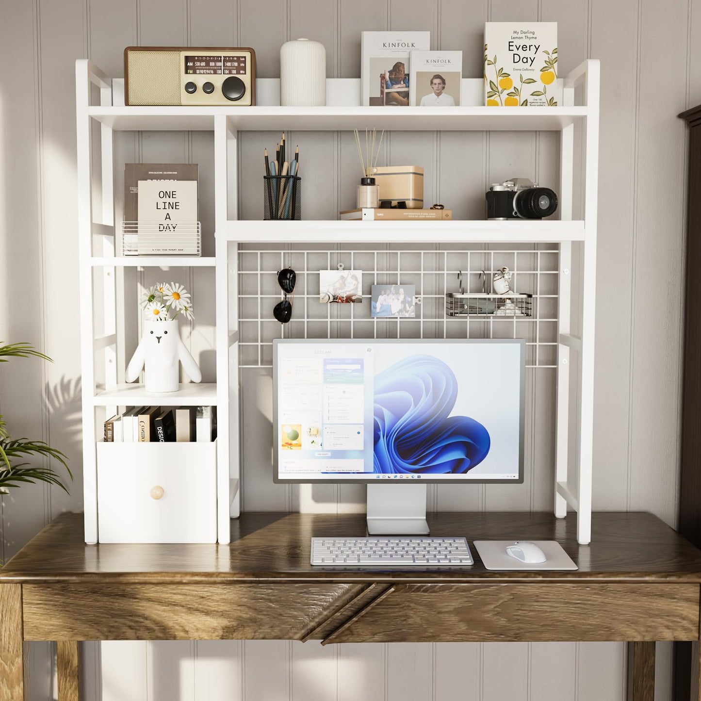 Rifoer Desk Hutch for Computer Monitor,Desktop Bookshelf Organizer,4 Tier Desk Hutch with Grid Panel,38.6" Desk Shelf Storage Rack for Home Office,Study,Dorm,White