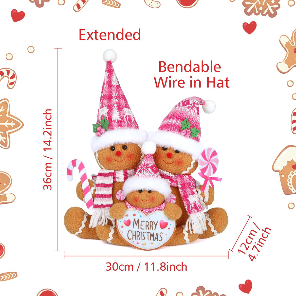 HMASYO Pink Gingerbread Family Christmas Gnome Decoration, 14 Inch Plush Gingerbread Candy Christmas Stuff Figurines for Home Fireplace Window Tabletop Tiered Tray Holiday Xmas Decor (Pink)