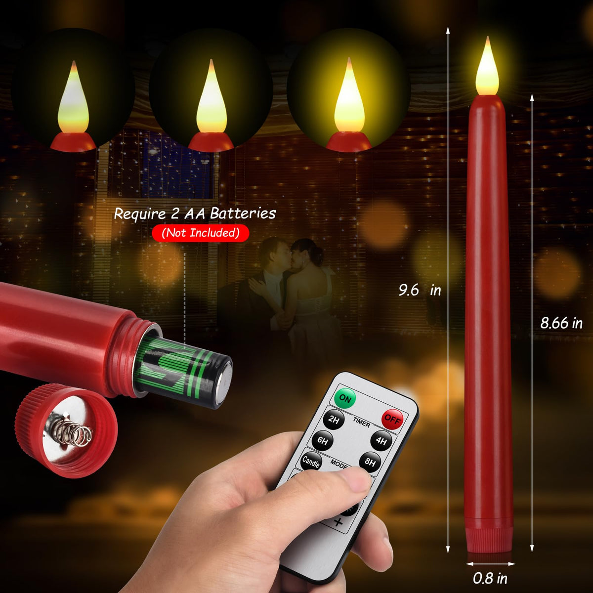 Flameless Taper Candles with Remote Control and Timer, Battery Operated LED Candlesticks with Flickering 3D Flame, 9.6×0.8Inches Plastic Tall Candles for Christmas, Wedding and Home Decor (Red, 9)