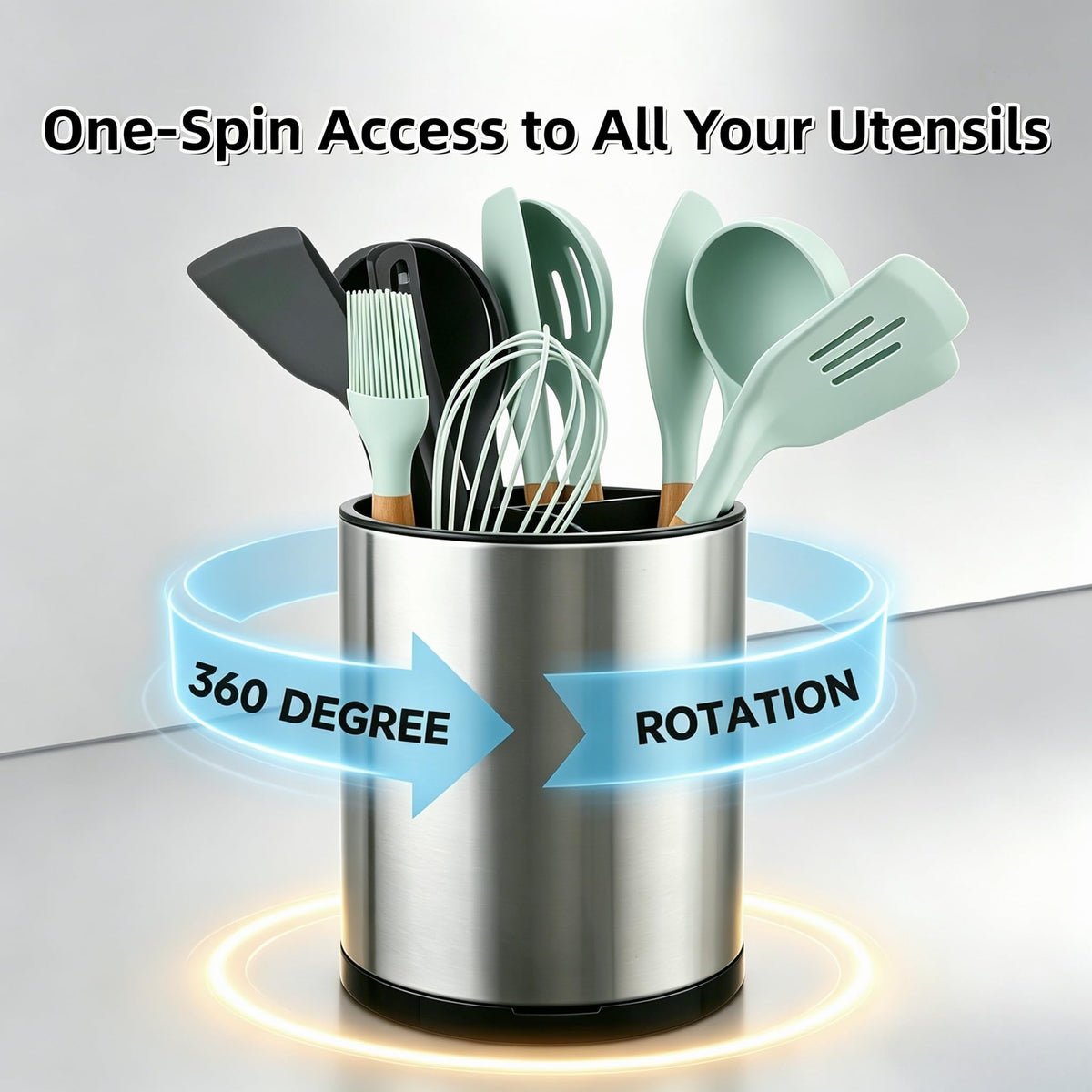 LIBODOUR Kitchen Utensil Holder Extra Large 360°Rotating For Counter Organizer Stainless Steel Storage Cooking Silverware Caddy 3 Compartment Flatware Spoon Spatula Tool Cutlery Container（Silvery）
