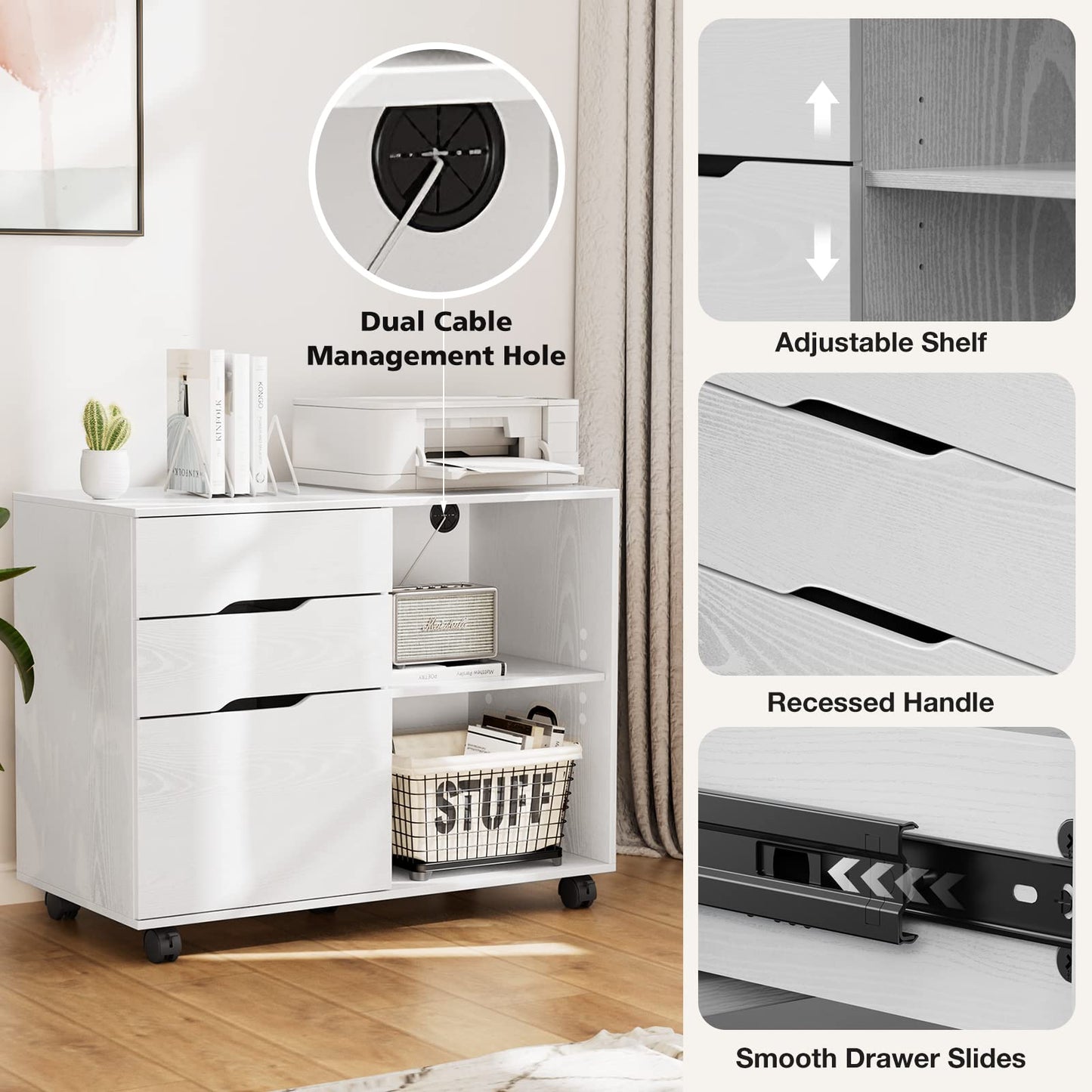 UOCFYK File Cabinet with 3 Drawers, Mobile Lateral Filing Cabinet with Open Storage Shelves for Home Office Under Desk Storage, White
