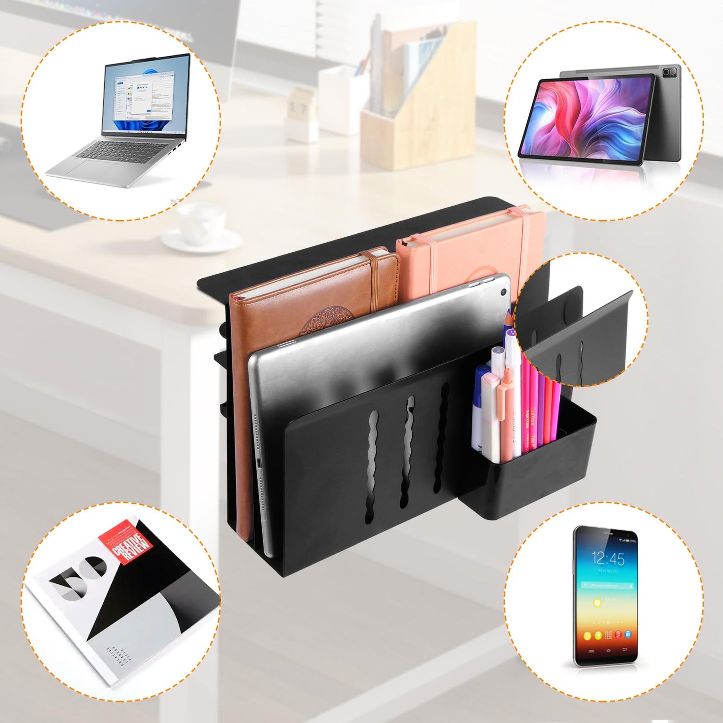 CIBOTIES Desk Side Storage, 2 Tier Steel Hanging Organizer, No Drill Side Desk Organizer, Laptop Holder, with Pen Holder, For Office Supplies & Studio Essentials Black