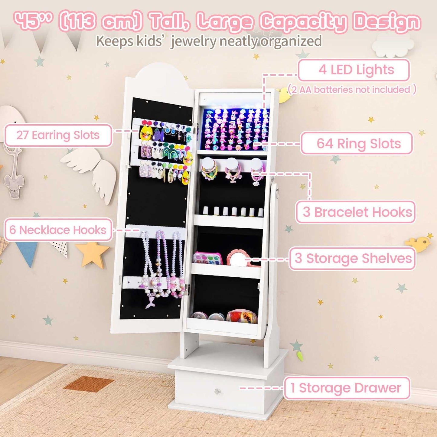 INFANS Kids Jewelry Armoire Cabinet with LED Lights, Lockable Standing Organizer with Full-length Mirror, Unicorn Theme Children Vanity Dress Up Storage Rack for Girls