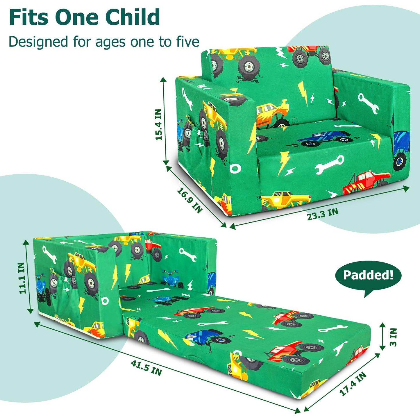 Beavtaens Kids Couch, 2-in-1 Kids Fold Out Sofa, Convertible Toddler Couch to Lounger for Girls and Boys, Soft Toddler Chairs Comfy 1-3 Years Old (Green Monster Truck)