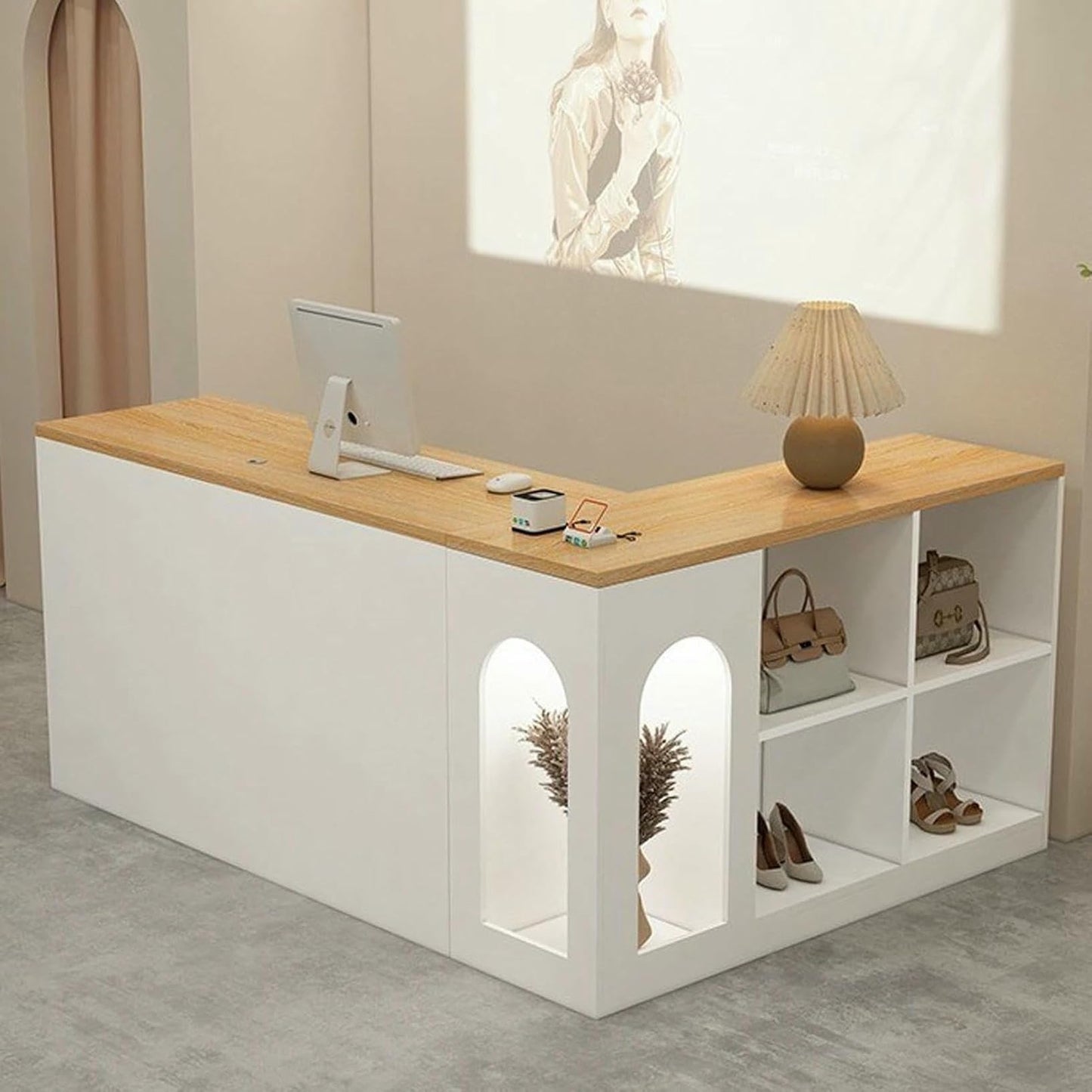L-Shap Reception Counter, Front Modern Retail Checkout, Reception Counter Desk with Lockable Drawers, for Clothing Store, Company Retail Counter, Coffee Shop