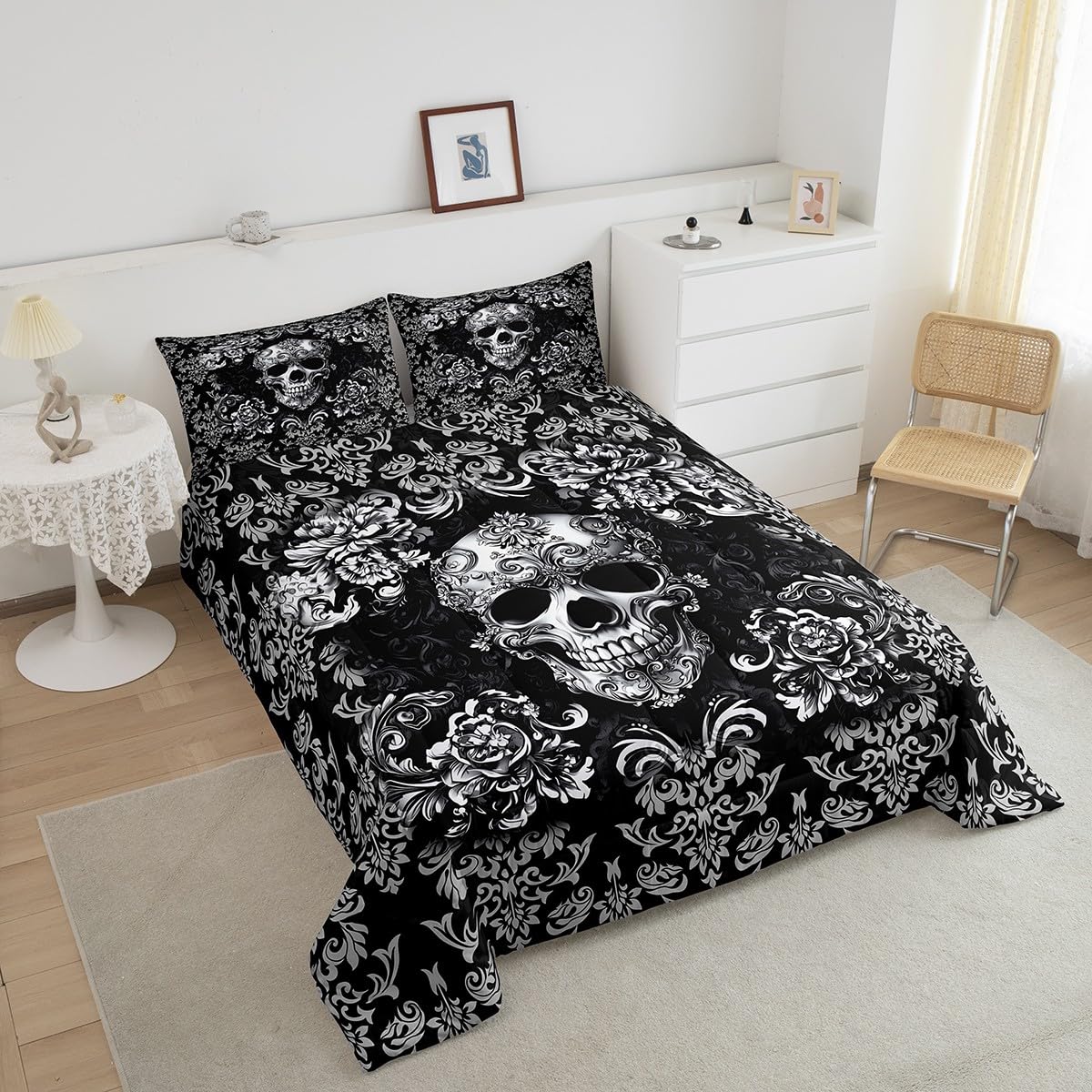 Castle Fairy Sugar Skull Duvet Cover Set Twin Size for Kids Teens Boys,Damask Floral Bedding Sets Girls Women Gothic Style Room Decor,Black Grey Ombre Flower Quilted Duvet 2Pcs 1 Pillowcase