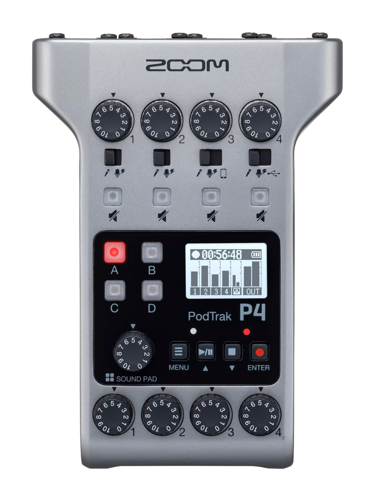 Zoom PodTrak P4 Podcast Recorder with 4 XLR Mic Inputs, 4 Headphone Outputs, Phone & USB Input for Remote Interviews, Sound Pads, 2-In/2-Out USB Audio Interface, Battery Powered