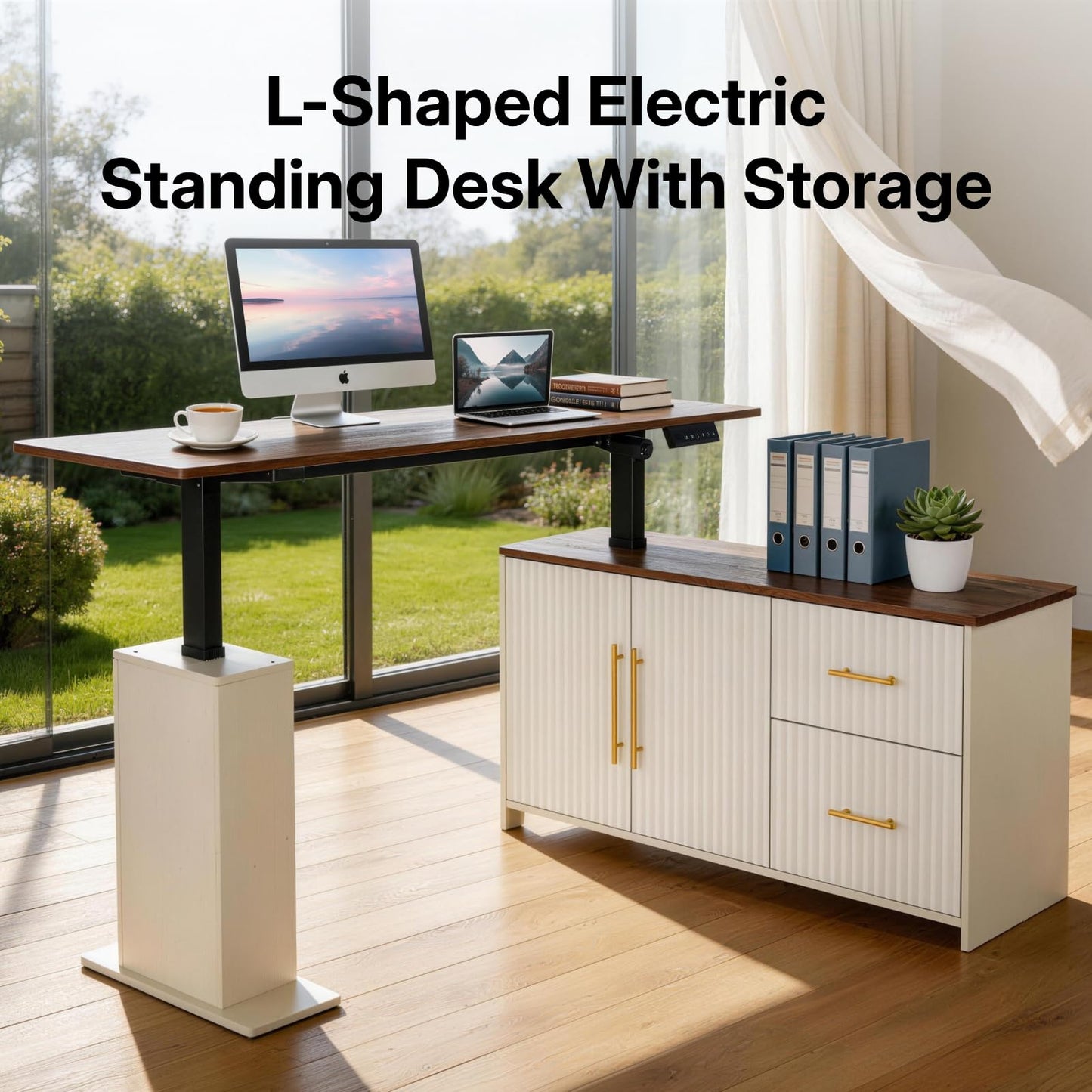 NORTHSKY 55" L Shaped Electric Standing Desk with Drawers and Storage Cabinet, Adjustable Height Corner Desk for Home Office, Brown Wood Grain and Distressed White Fluted Design