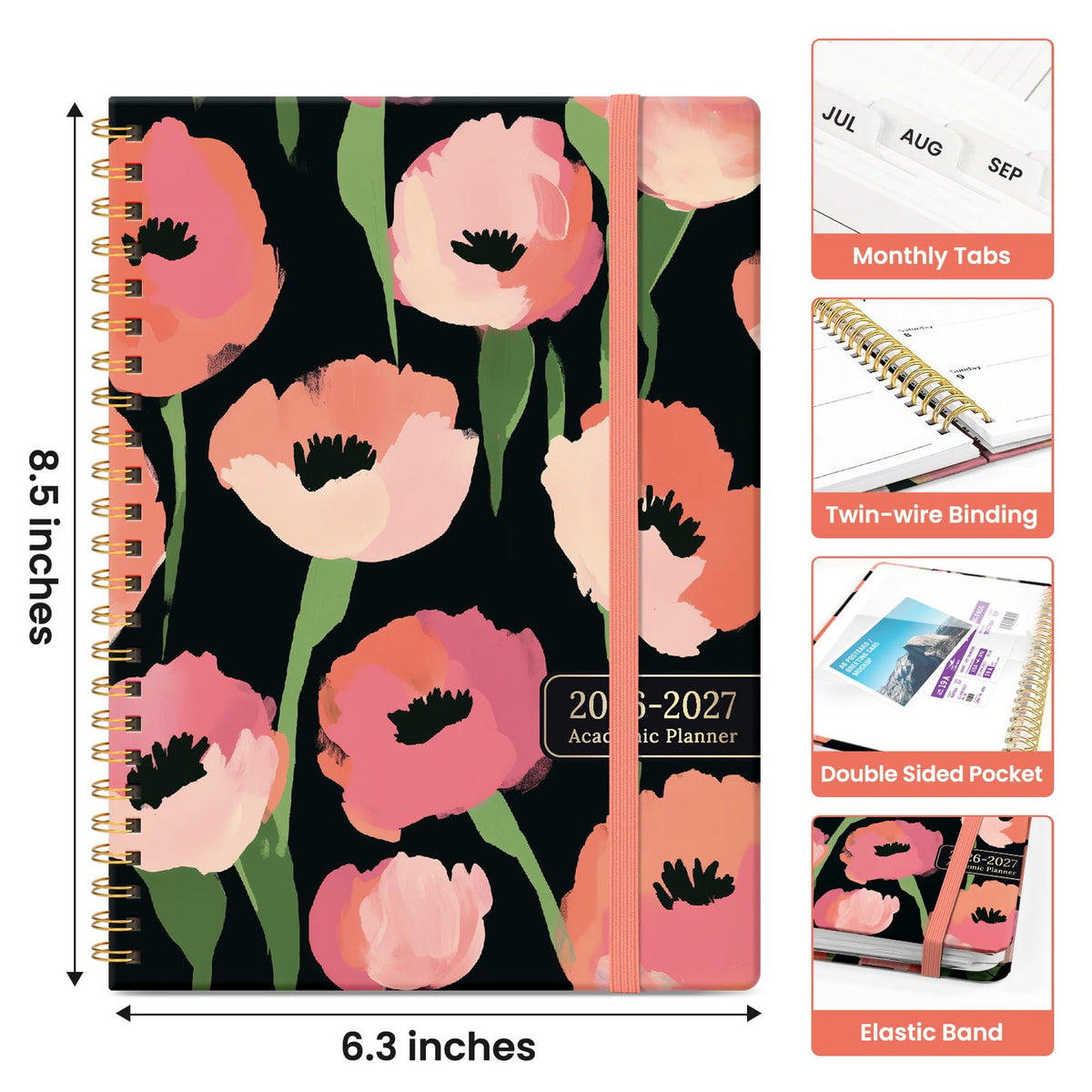 Planner 2026-2027, Academic Year Weekly and Monthly Calender Planner, from Jul 2026 - Jun 2027, Spiral Bound School Planning Book, Perfect for Teacher, Student, Women & Men, A5 (6.3" x 8.5"), Midnight Poppies