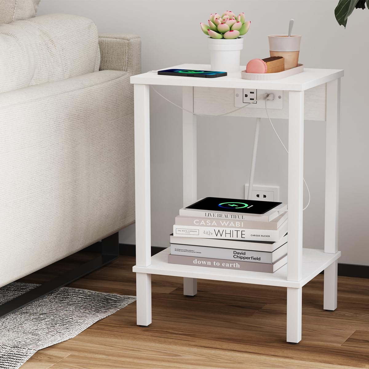 VIMBER Side Table with Charging Station, Set of 2 End Tables with USB Port and Outlets, Nightstands with 2-Tier Storage Shelves, Sofa Table for Small Space, Living Room, Bedroom, White UTBT102W2