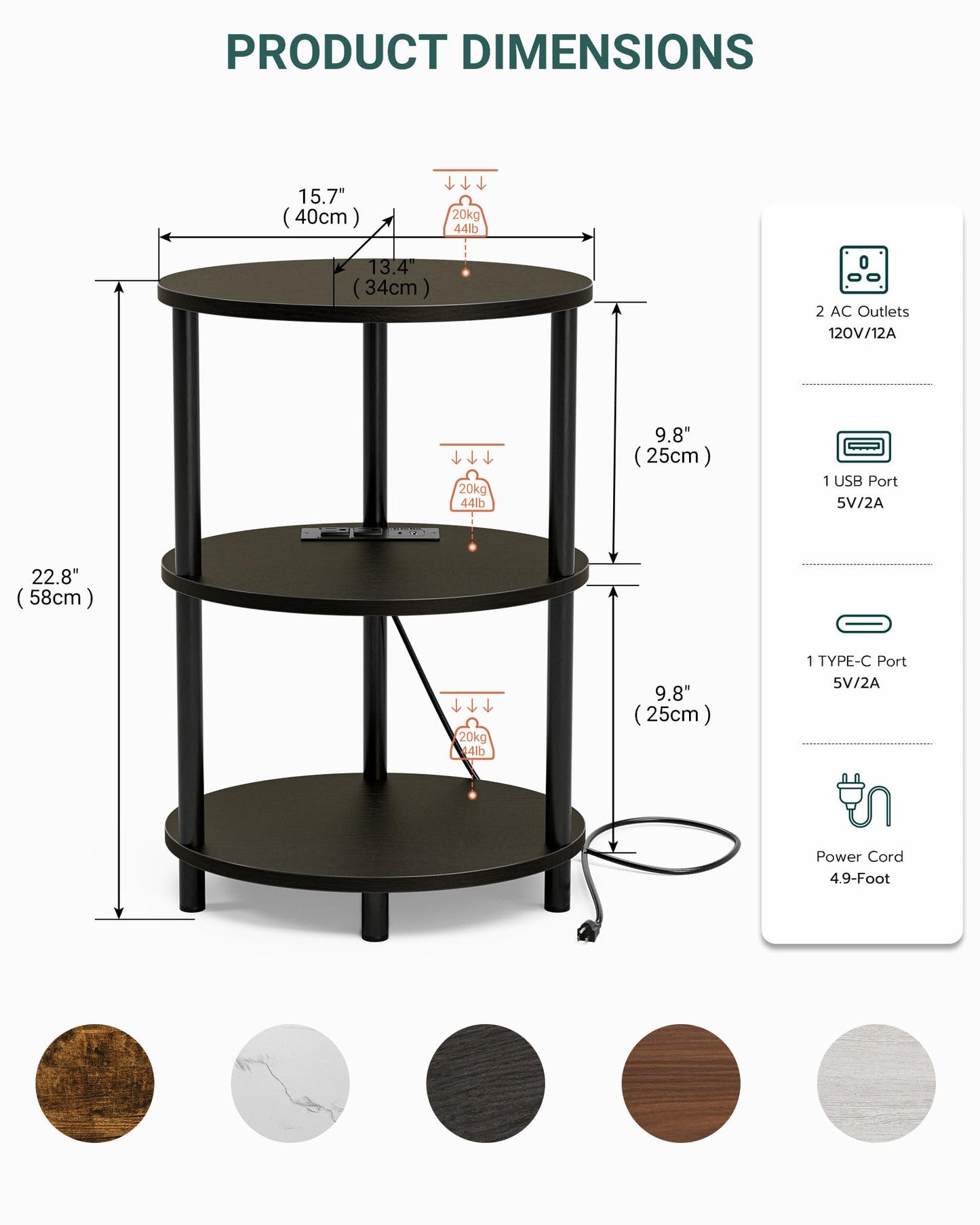 RISWER Small Round Side Table - 3-Tier Oval Accent Table for Small Spaces, Rustic Wood and Metal Nightstand for Living Room or Bedroom, Built-in USB Ports and Power Outlet, Charcoal Wenge