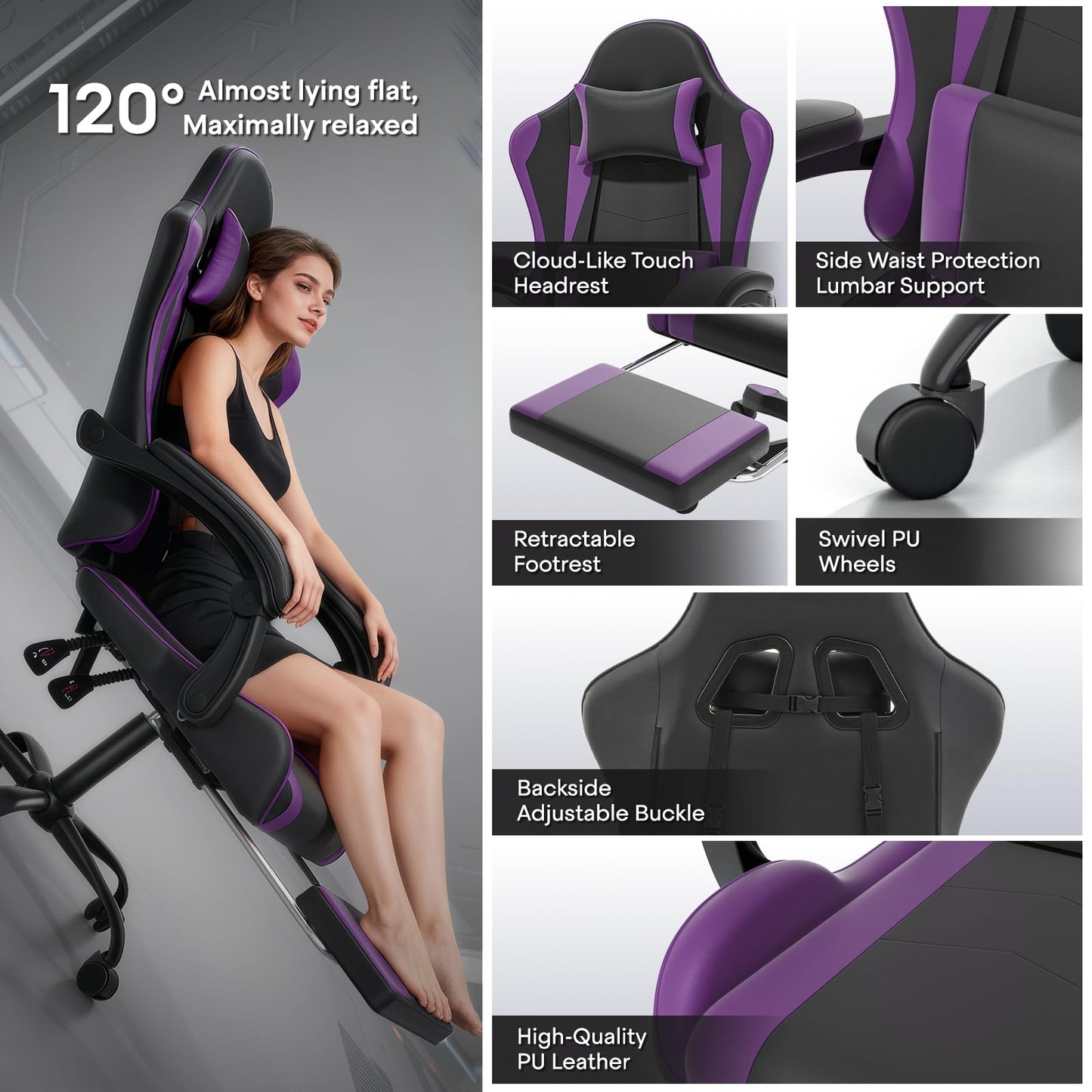 Athena Collection Gaming Chair, Ergonomic Gaming Chair with Footrest & Headrest Lumbar Support, Height Adjustable Swivel Computer Chair Office Chair for Adults(Purple)