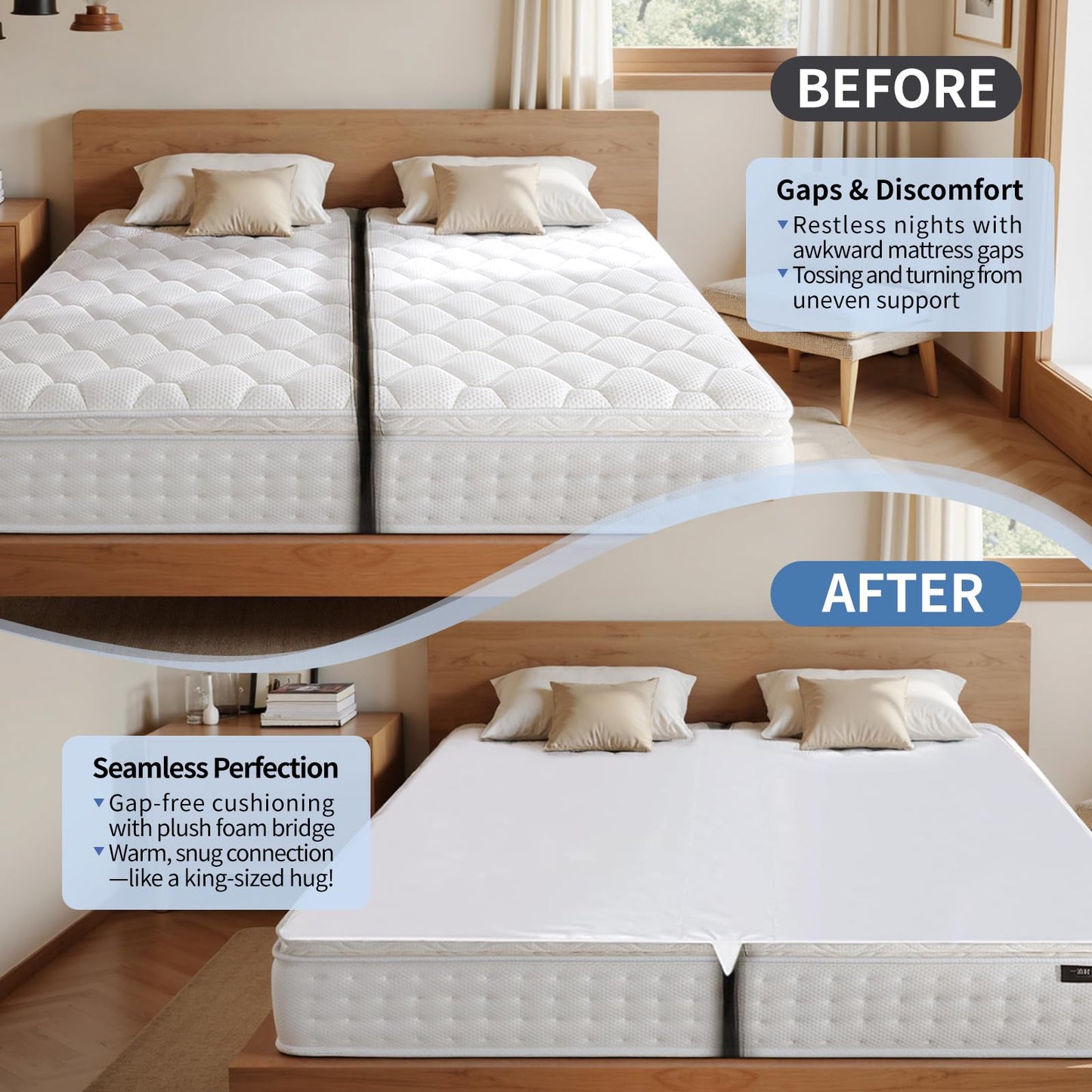 LIFVEAN Upgrade 3-in-1 Bed Bridge, Twin to King Bed Converter with Sheet Strap Set, Split King Gap Filler, Removable