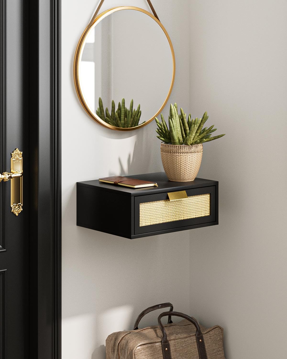 Aienvey Floating Nightstand, Floating Shelf with Drawer, Wall Mounted Nightstand, Floating Bedside Table (Black Rattan)