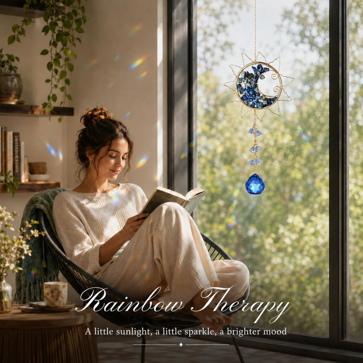 Hanging Sunlight Catcher, Sun & Moon Crystal Suncatcher, Crystal Hanging Ornament, Hanging Crystals for Decoration, Festival Gift, Window Decoration (Blue)