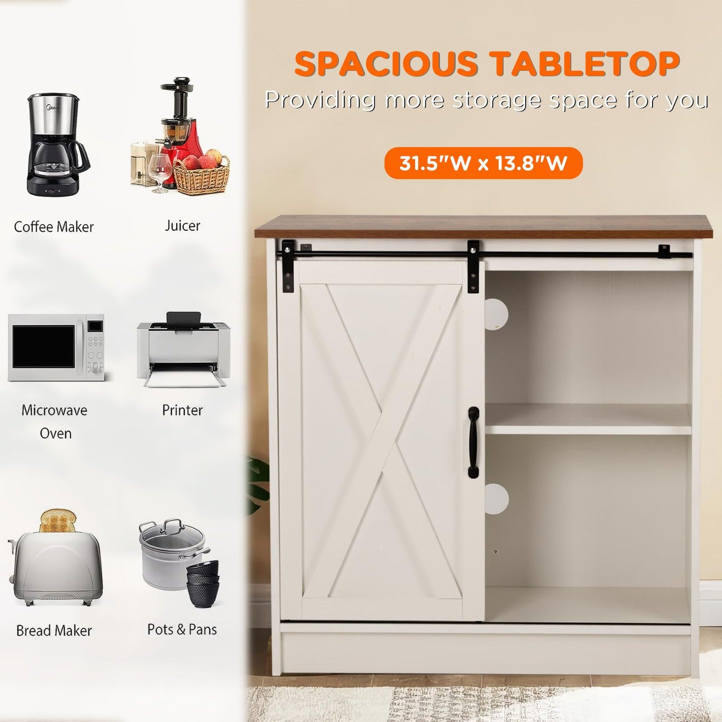 COSYSUPER White Coffee Bar Cabinet with Storage, Farmhouse Coffee Bar Cabinet, Coffee Bar Table with Sliding Barn Door, Coffee Bar & Adjustable Shelves, for Kitchen, Dining Room, Living Room