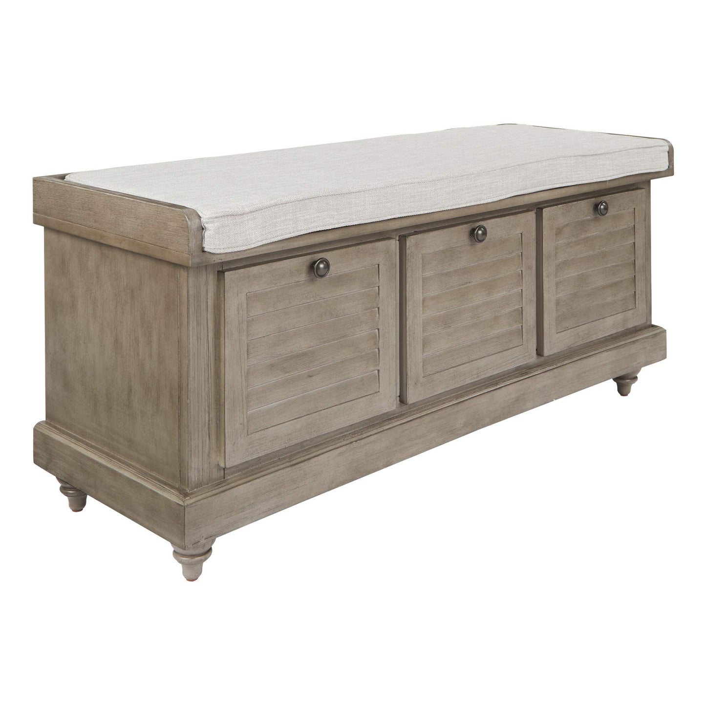 OSP Home Furnishings Dover Coastal Lift-Top Storage Bench with Shutter Face Styling, Antique Grey Finish with Off-White Linen Fabric Cushion