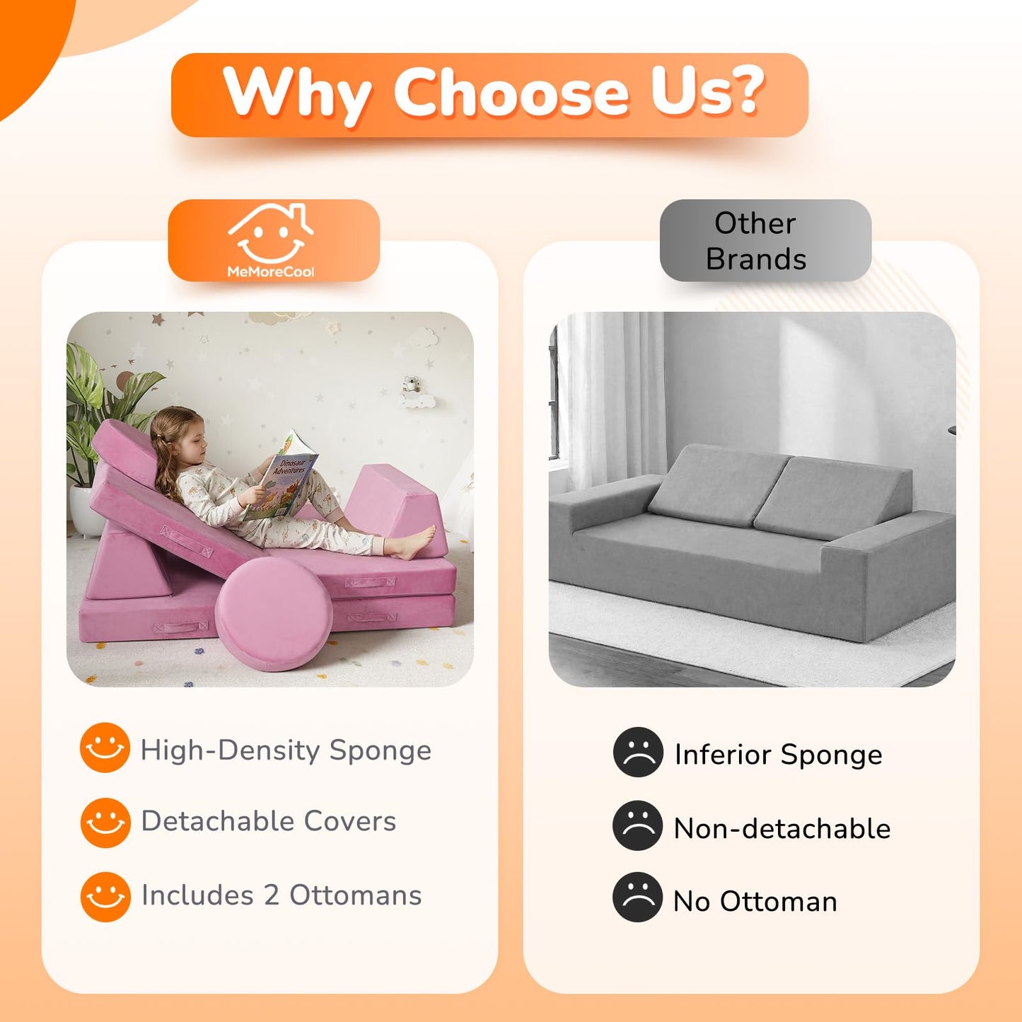 MeMoreCool Kids Couch, Dusty Rose Modular Foam Play Couch, Ages 3+