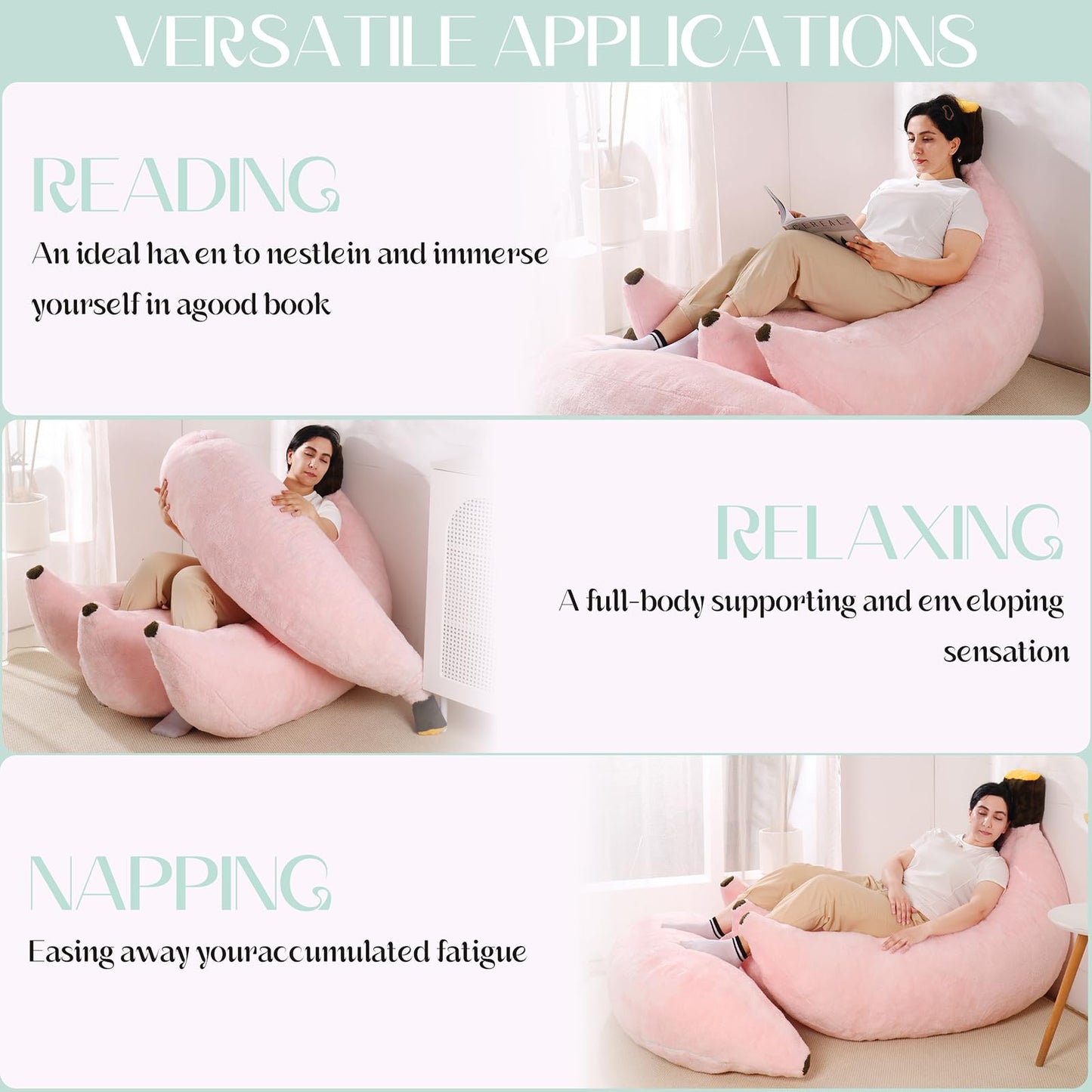 IEVENW Banana Bean Bag Chair with Ottoman, Floor Sofa Bed with Footrest, Comfy Convertible Lounger for Adults, Plush Couch for Bedroom, Living Room or Dorm, L-Pink