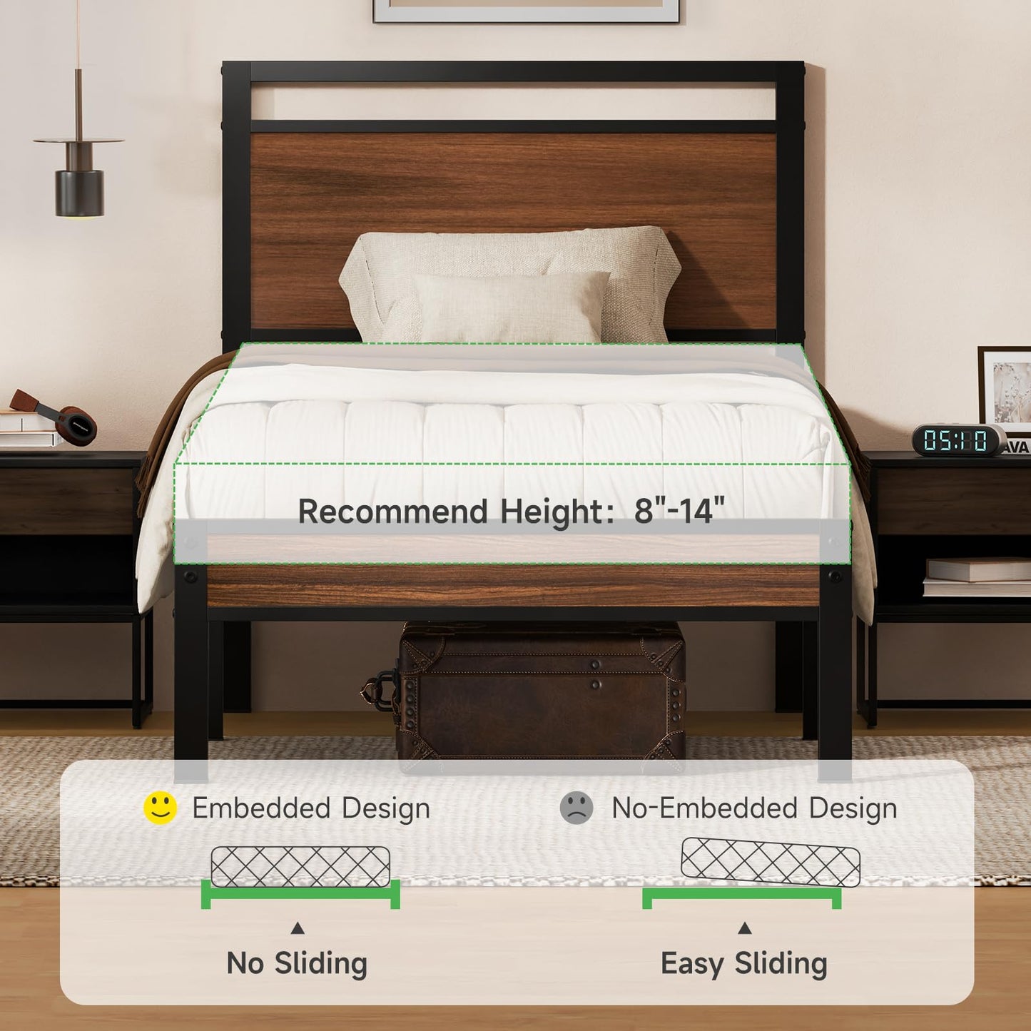 Z-hom Twin Metal Bed Frame with Wooden Headboard and Footboard, Heavy Duty Platform Frame with Mrtal Slats, No Box Spring Needed, Quiet and Non-Slip Design, Saving Space for Small Bedroom,Walnut