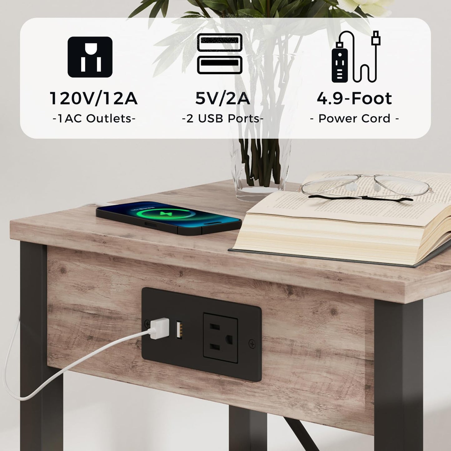 VIMBER Side Table with Charging Station, Set of 2 End Tables with USB Port and Outlets, Nightstands with 2-Tier Storage Shelves, Sofa Table for Small Space, Living Room, Bedroom, Greige