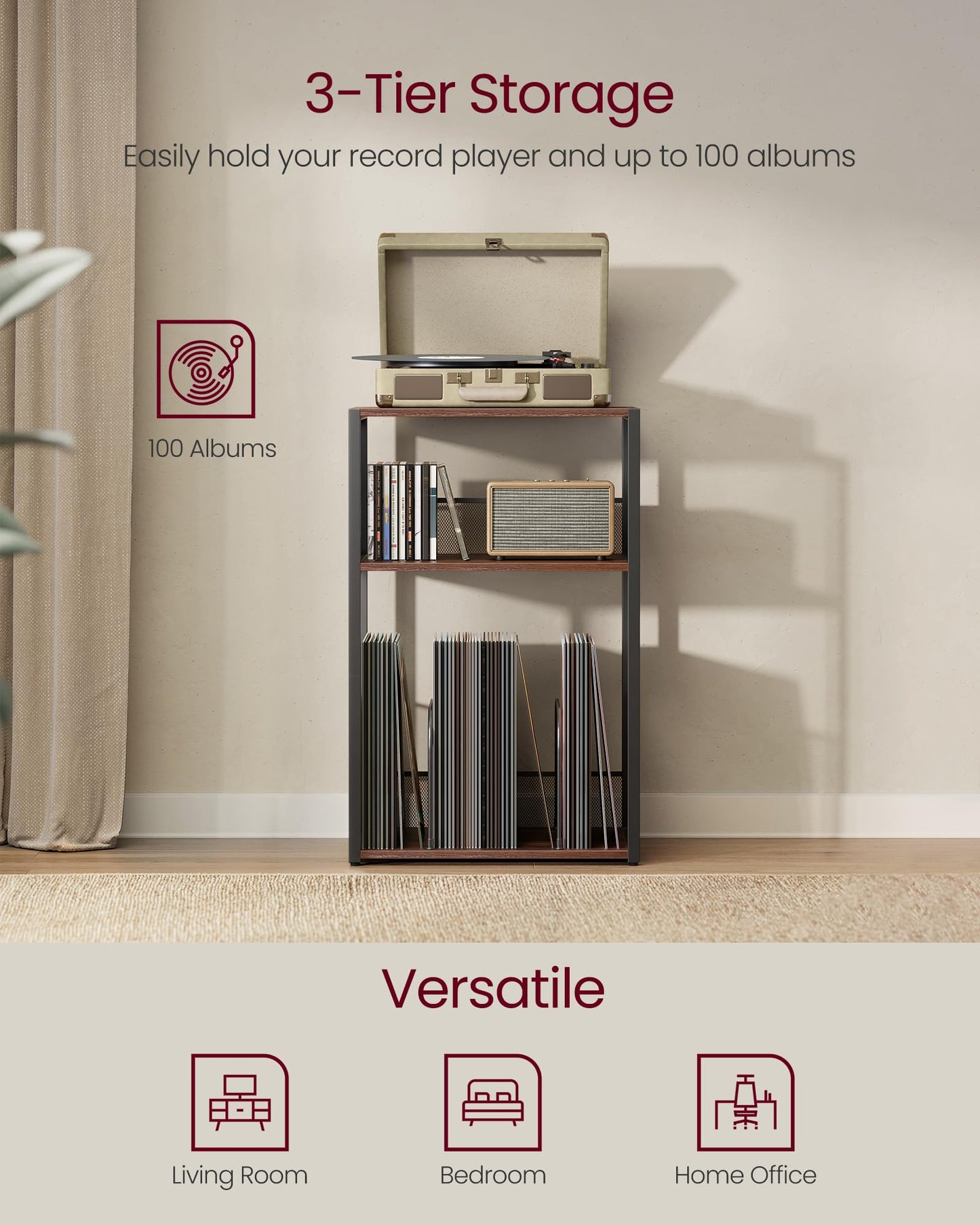 VASAGLE Record Player Stand, 3-Tier Side Table, Vinyl Record Storage up to 100 Albums, End Table for Living Room, Bedroom, Natural Walnut ULET275K02