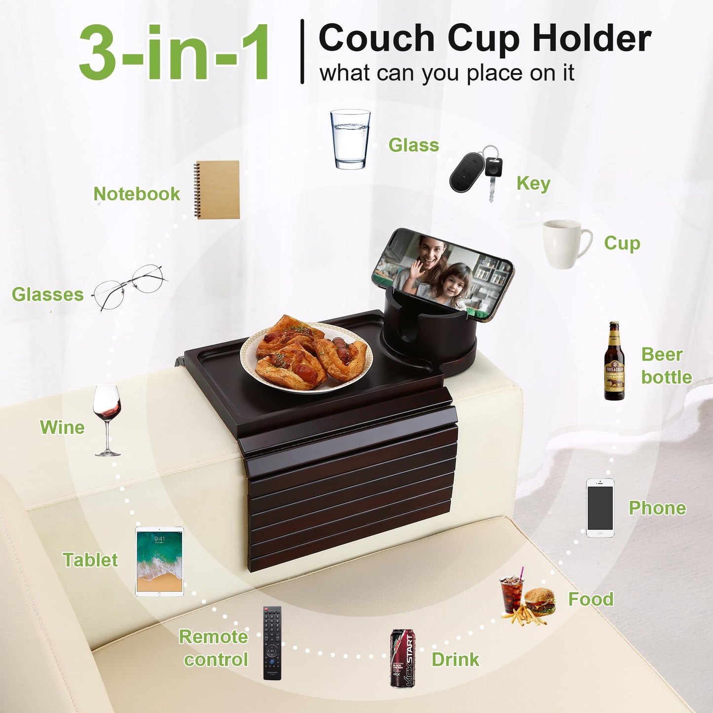 aisongdong Couch Cup Holder Tray - 3 in 1 Couch Arm Table with 360° Rotating Phone Holder, Foldable Sofa Arm Tray for Drink Table, Snacks Table,Hold Cellphone Remote or Books