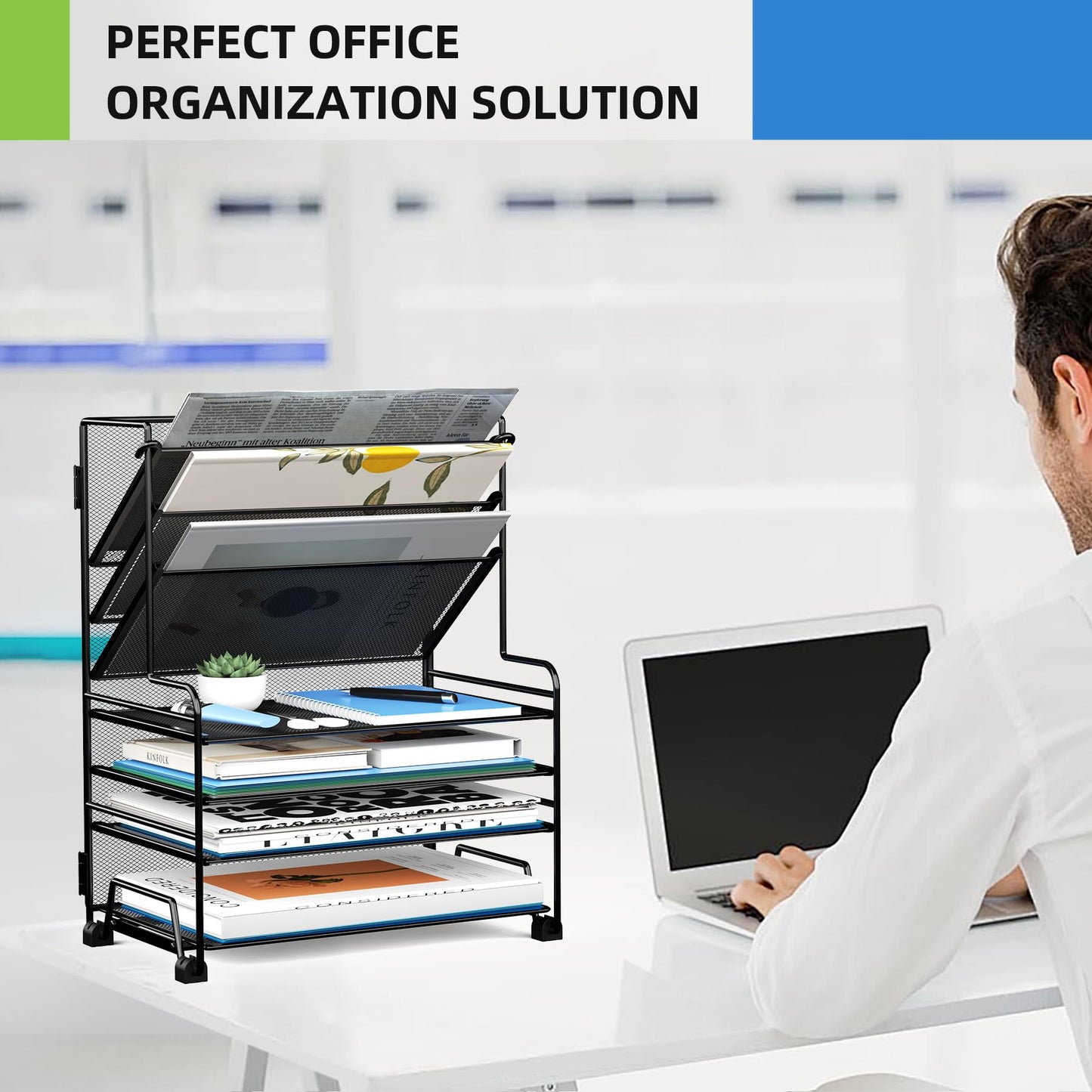 MINDEPOT 4-Tier Paper Organizer + 3-Pocket File Holder + Drawer + Pen Holders, Desktop File Organizers Paper Tray for Office Supplies School Classroom Organization (Black, No Drawer & Pen Holder)