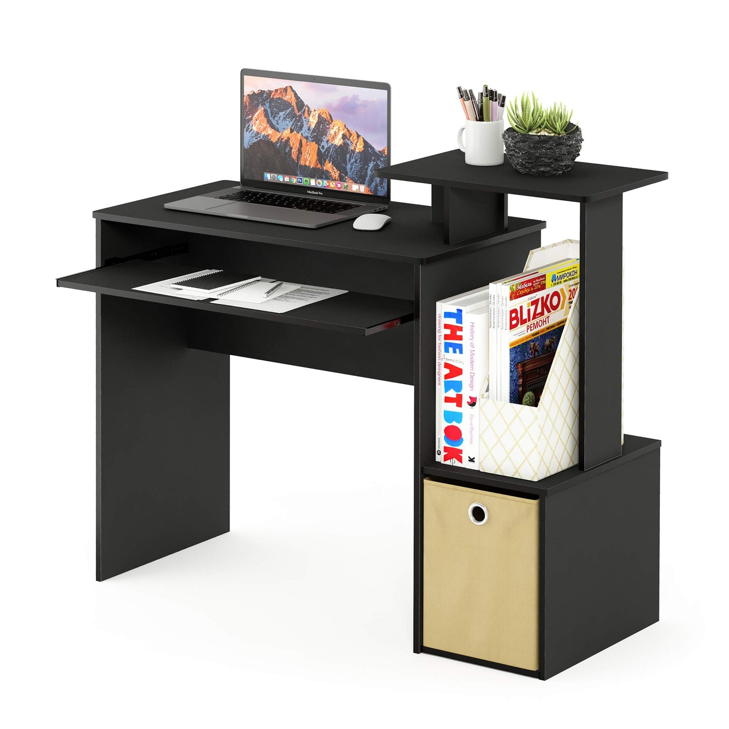 Furinno Econ 40-Inch Black Computer Desk Side Shelves, Office Desk with Keyboard Tray and Storage Bins, Rectangular Gaming Desk for Home Office, Bedroom, Study Room, Classic Black