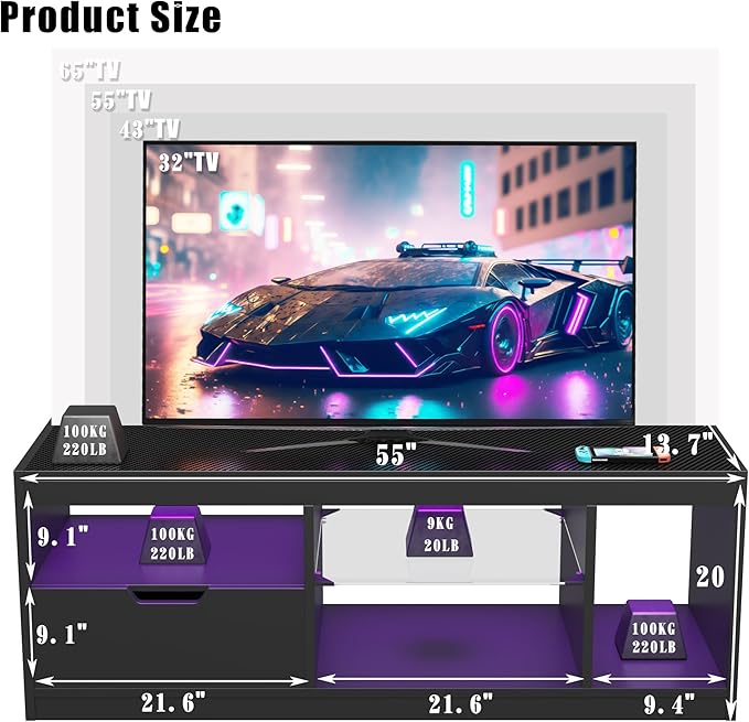JUMMICO TV Stand, Entertainment Center LED Gaming TV Stand
