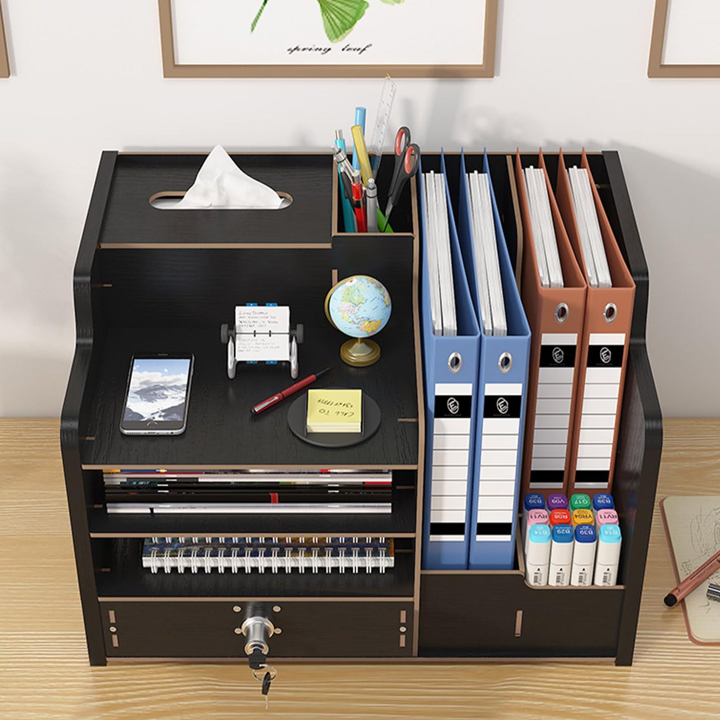 Zyners Bamboo Desk Organizer, Desktop Wood Bookshelf File Organizer, Pen Holder and Tissue Holder, 1 Drawer with lock for Office, Home, Need to Install (Light black)