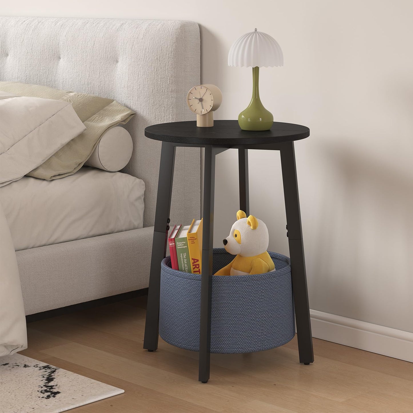 sthmec Small Round Side End Table Set of 2 with Cloth Storage Basket, Round Bedside Sofa Couch Coffee Tables for Small Places with Metal Frame, Modern Nighstands for Living Room Bedroom,Black
