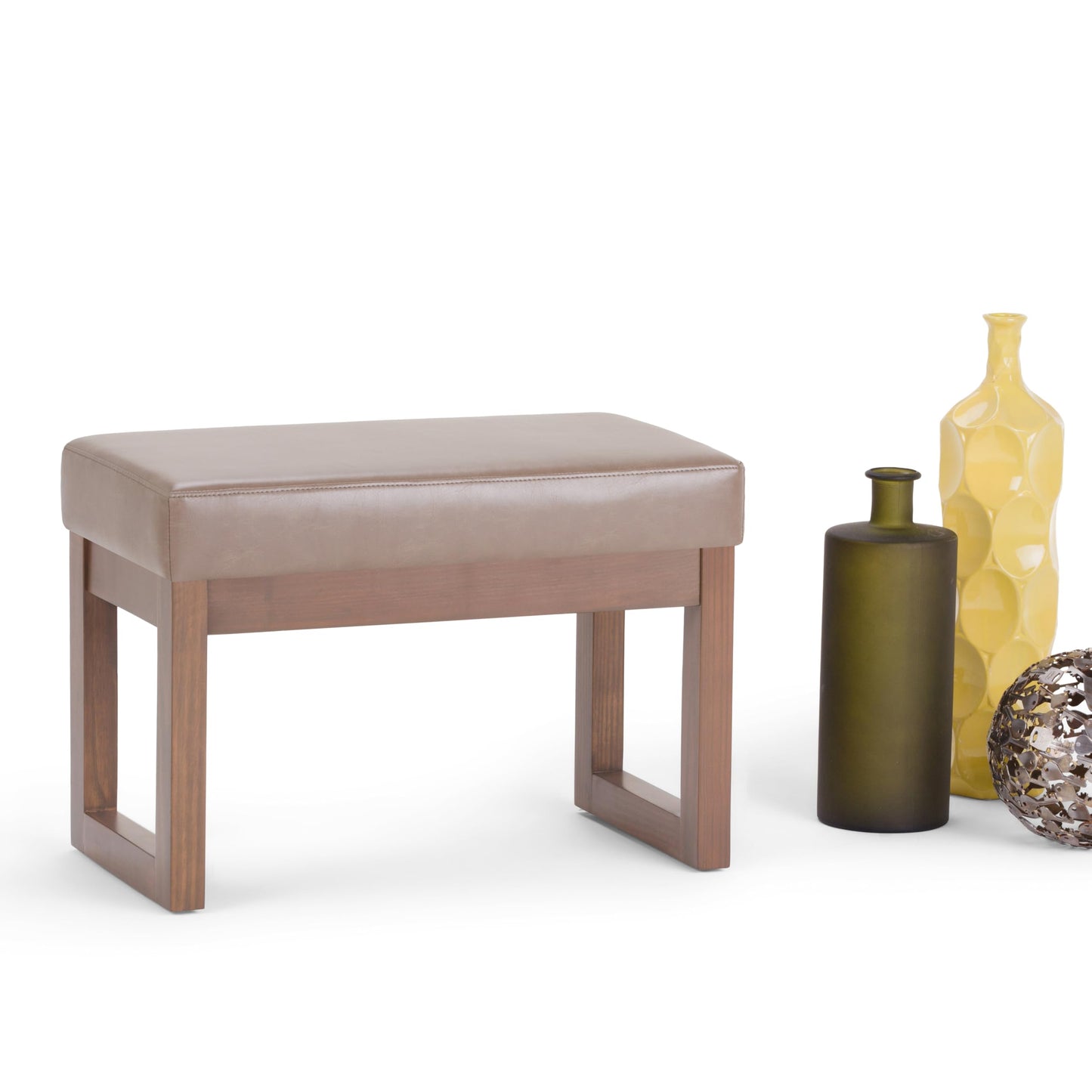 SIMPLIHOME Milltown Small Ottoman Bench - 27" Wide x 18" High Upholstered Vegan Leather Rectangle Footstool Ottoman in Ash Blonde, Contemporary Bench for Living Room with Cushioned Seat, Assembled
