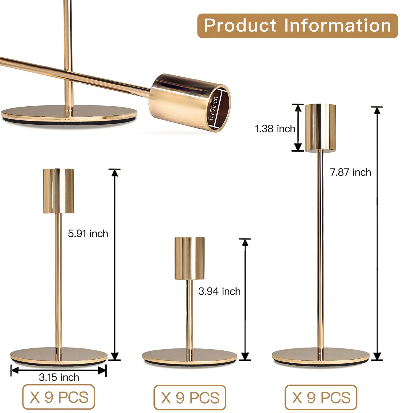 KDJFIIH Gold Candlestick Holders - Bulk Decorative Metal Candelabra - Fits 0.8 Inch Diameter Taper Candles - Gold Taper Candle Stands for Wedding, Home, Party Table Decor (Set of 27)