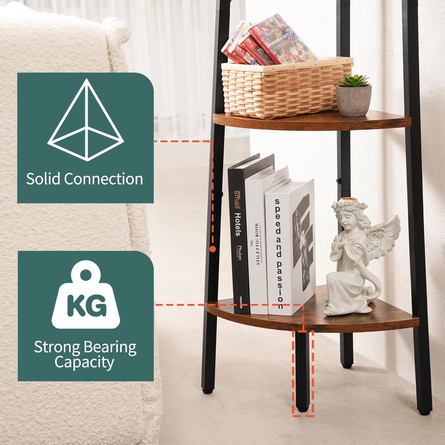 Yoobure Corner Shelf, 4-Tier Corner Bookshelf with Metal Frame & Wood Ladder Shelves - Display Shelf & Tall Bookcase, Plant Stand for Home Decor - Bedroom, Living Room, Office